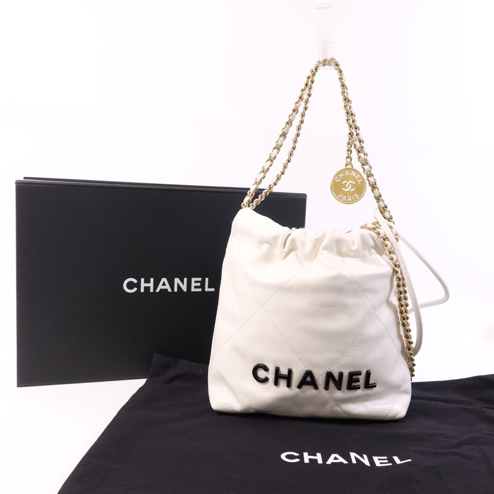 CHANEL 牛皮皮革Mini 22金扣鏈帶手挽肩背兩用袋
