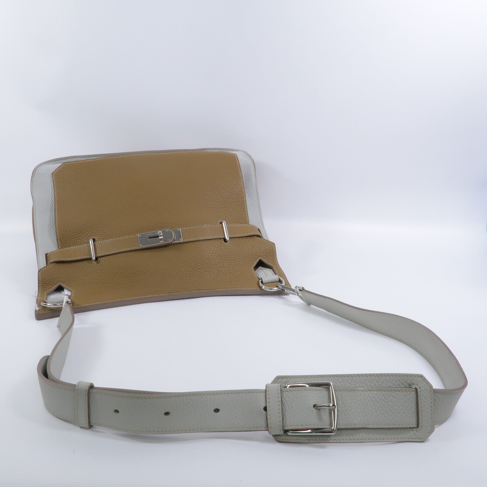 HERMES Clemence皮革Jypesiere 34肩背袋Kraft/Gris Pearl