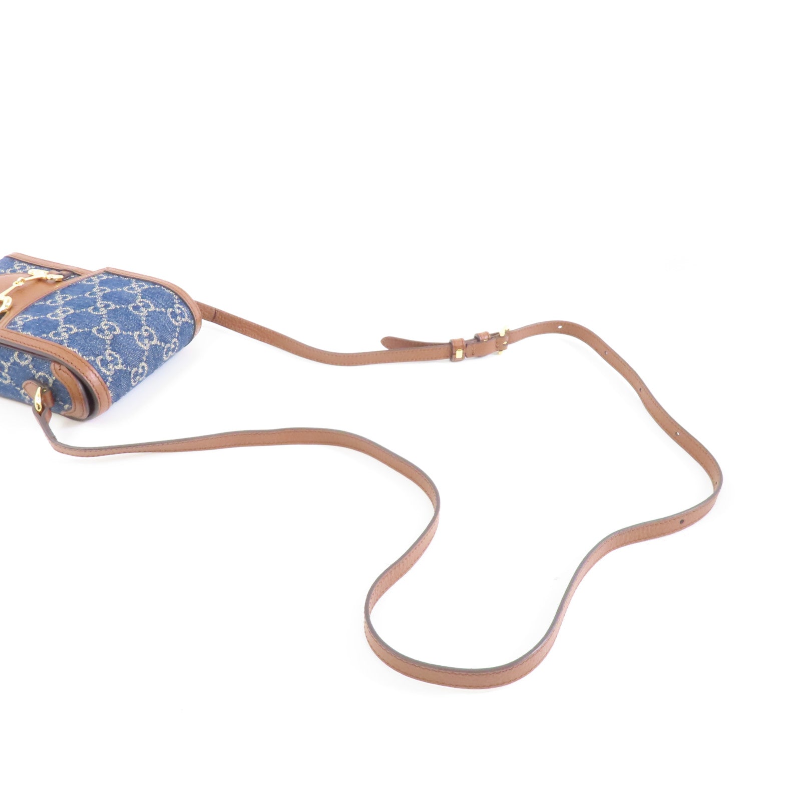 GUCCI 牛仔布GG Supreme Horsebit 1955金扣肩背袋藍色/啡色