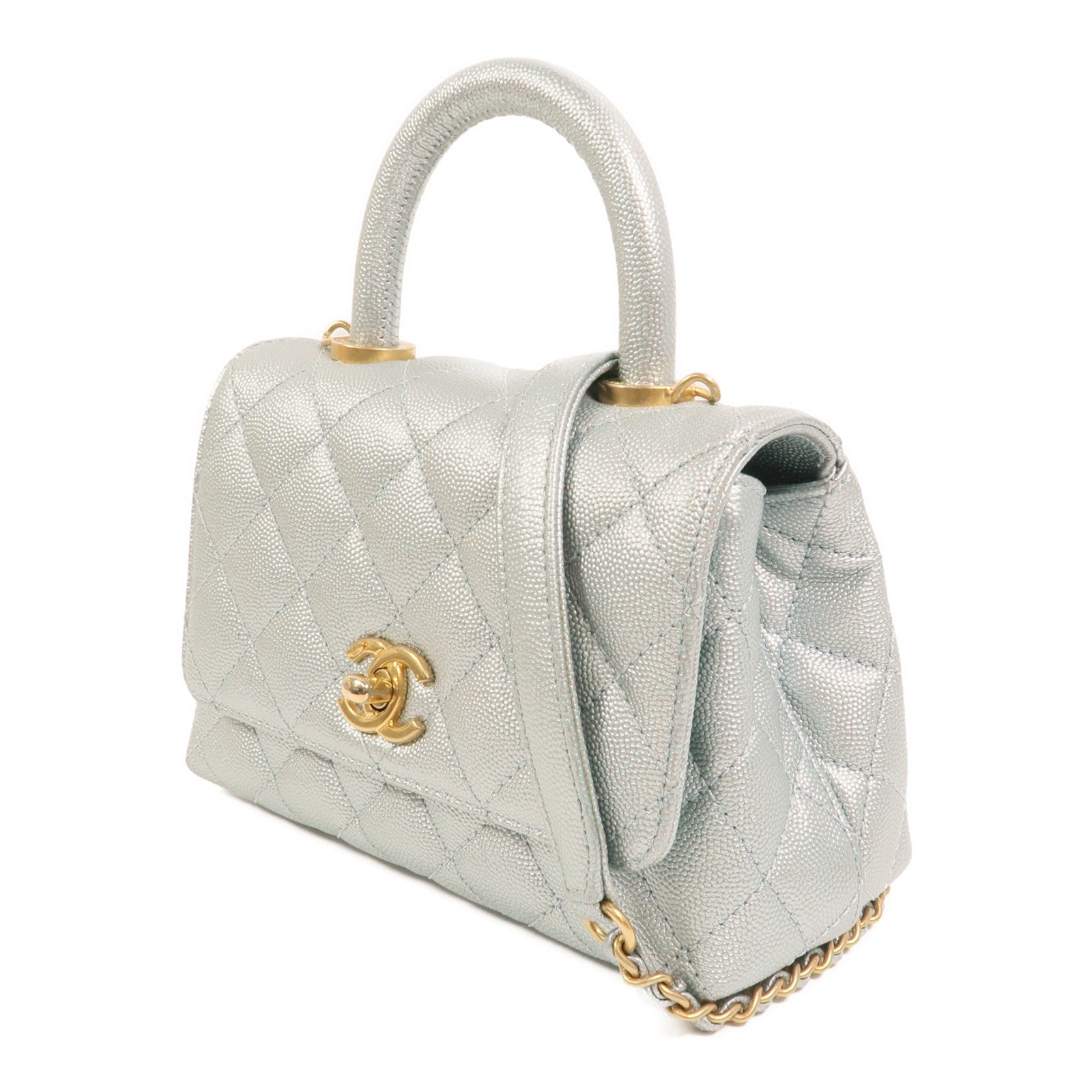 CHANEL 牛皮皮革Coco Handle Mini金扣鏈帶手挽肩背兩用袋