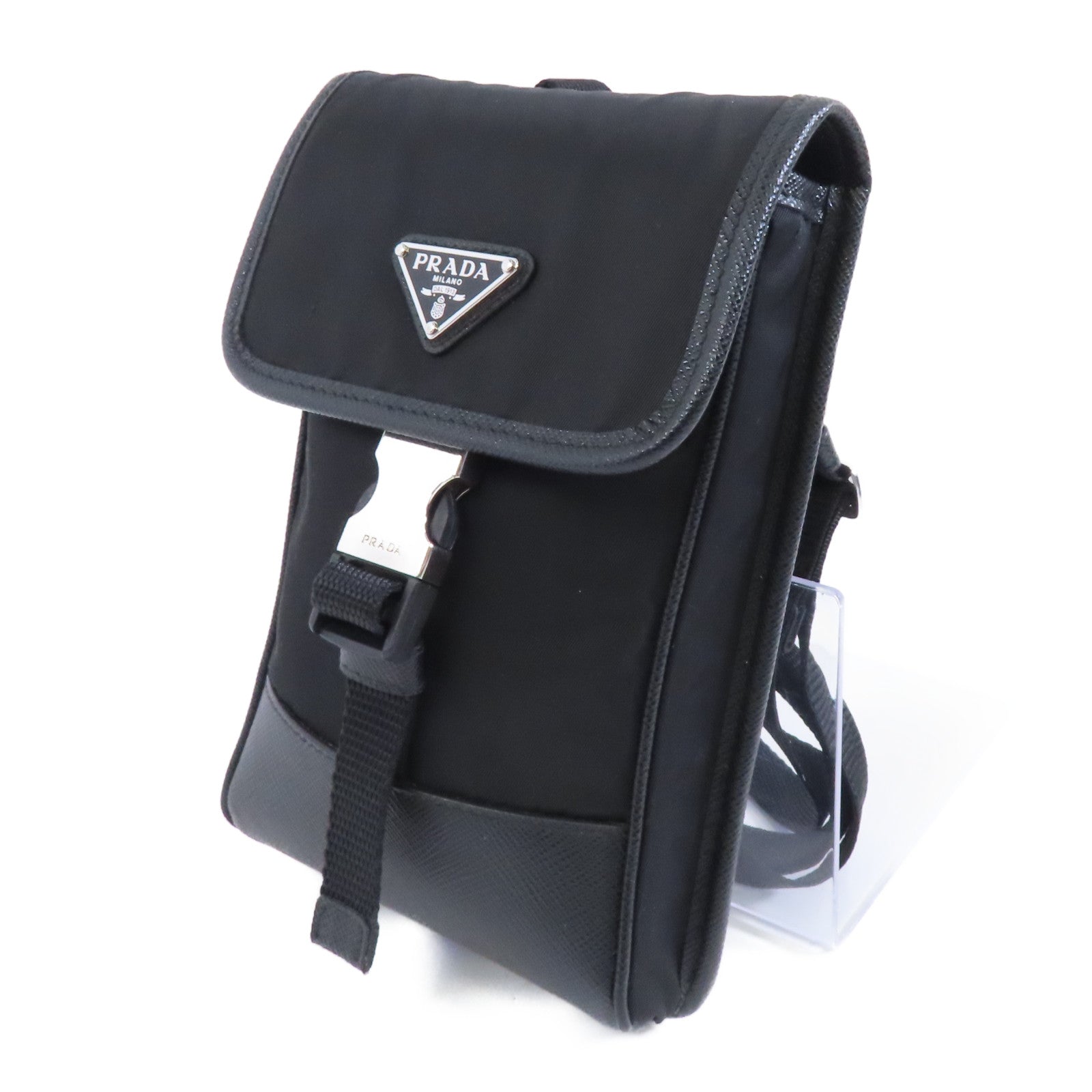 PRADA 尼龍/皮革Phone Holder Shoulder Bag銀扣手機袋斜孭袋黑色