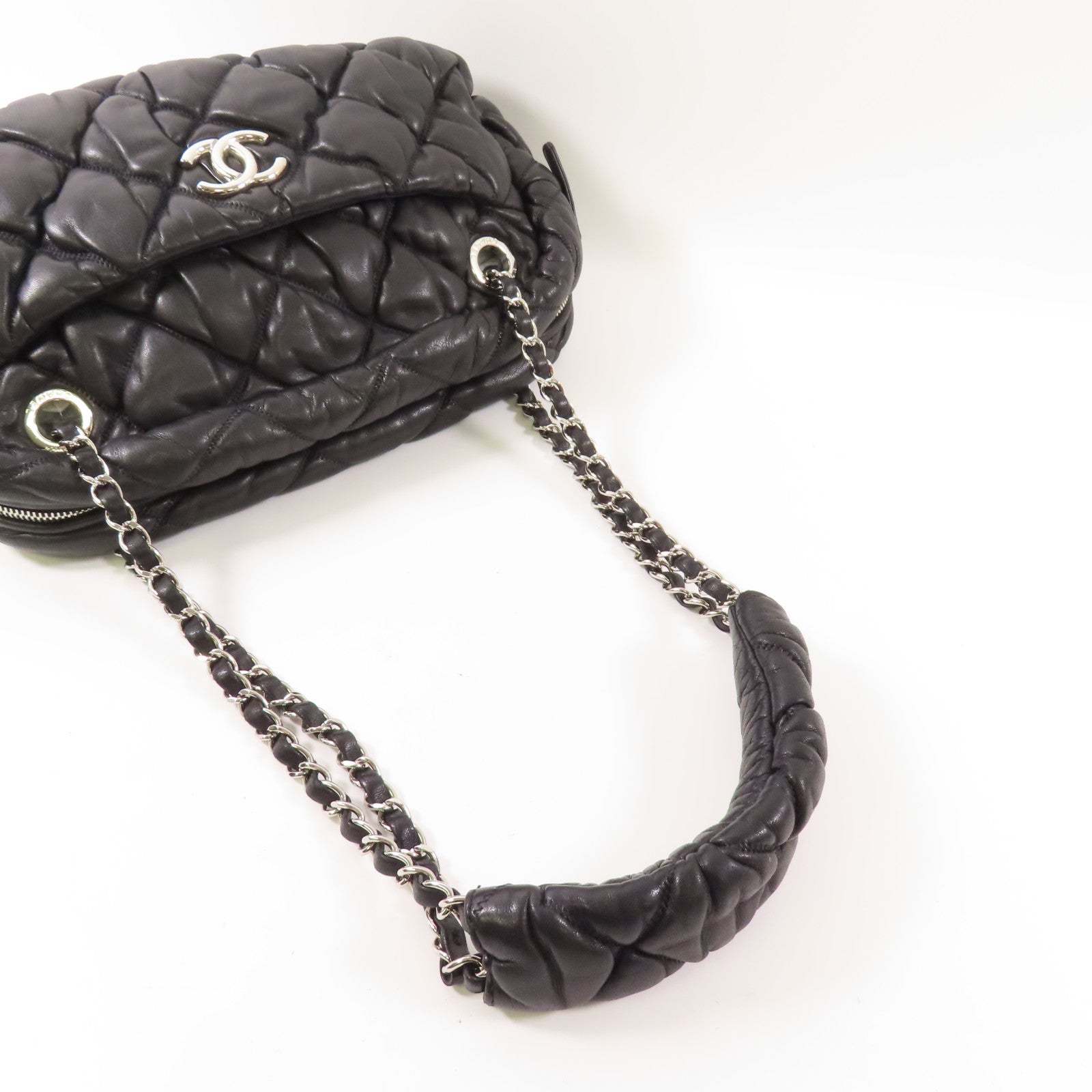 CHANEL 羊皮皮革Bubble Chain Shoulder Bag銀扣鏈帶肩背袋