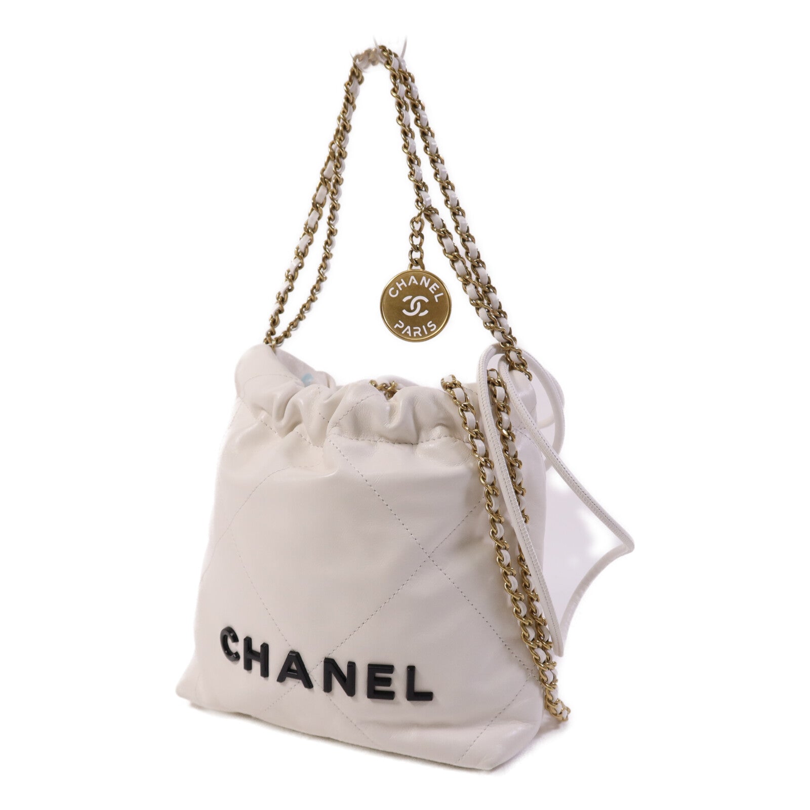 CHANEL 牛皮皮革Mini 22金扣鏈帶手挽肩背兩用袋