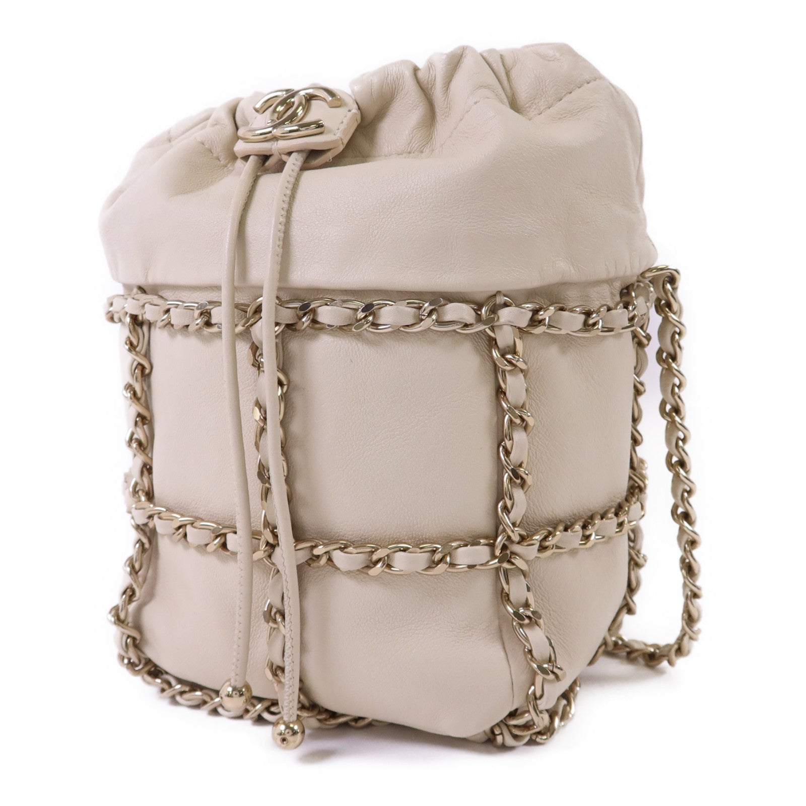 CHANEL 羊皮皮革Drawstring Bag金扣鏈帶肩背袋