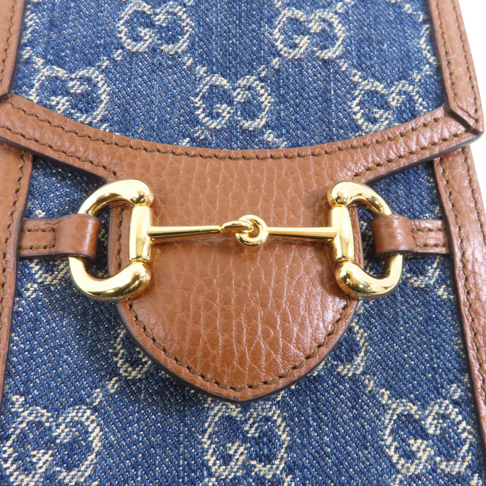 GUCCI 牛仔布GG Supreme Horsebit 1955金扣肩背袋藍色/啡色