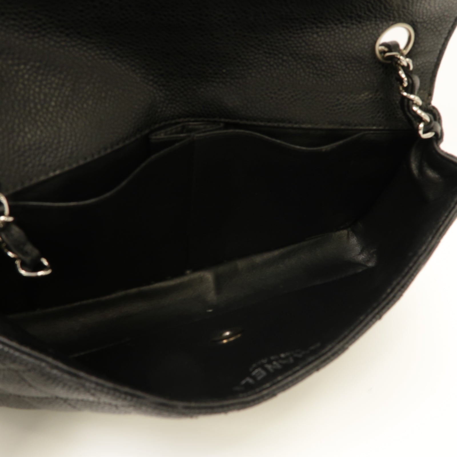 CHANEL 菱格Caviar皮革Chain Shoulder銀扣鏈帶肩背袋黑色