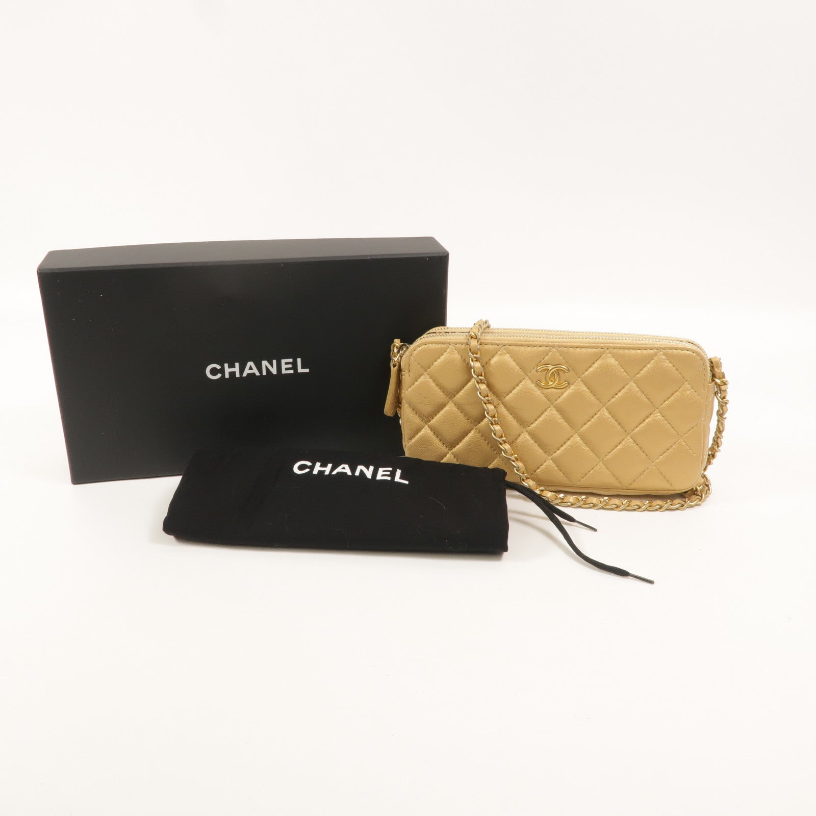 CHANEL 羊皮皮革Double Zip Clutch Bag鏈帶肩背袋