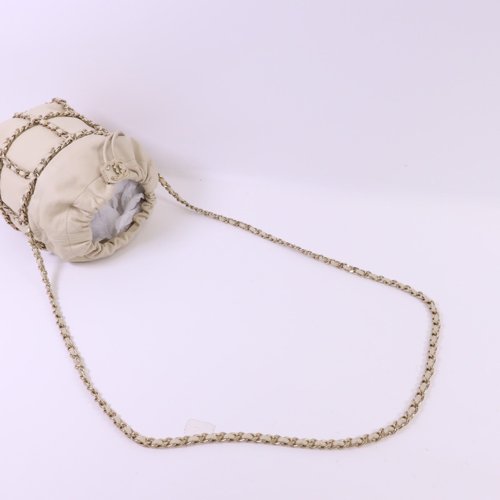 CHANEL 羊皮皮革Drawstring Bag金扣鏈帶肩背袋