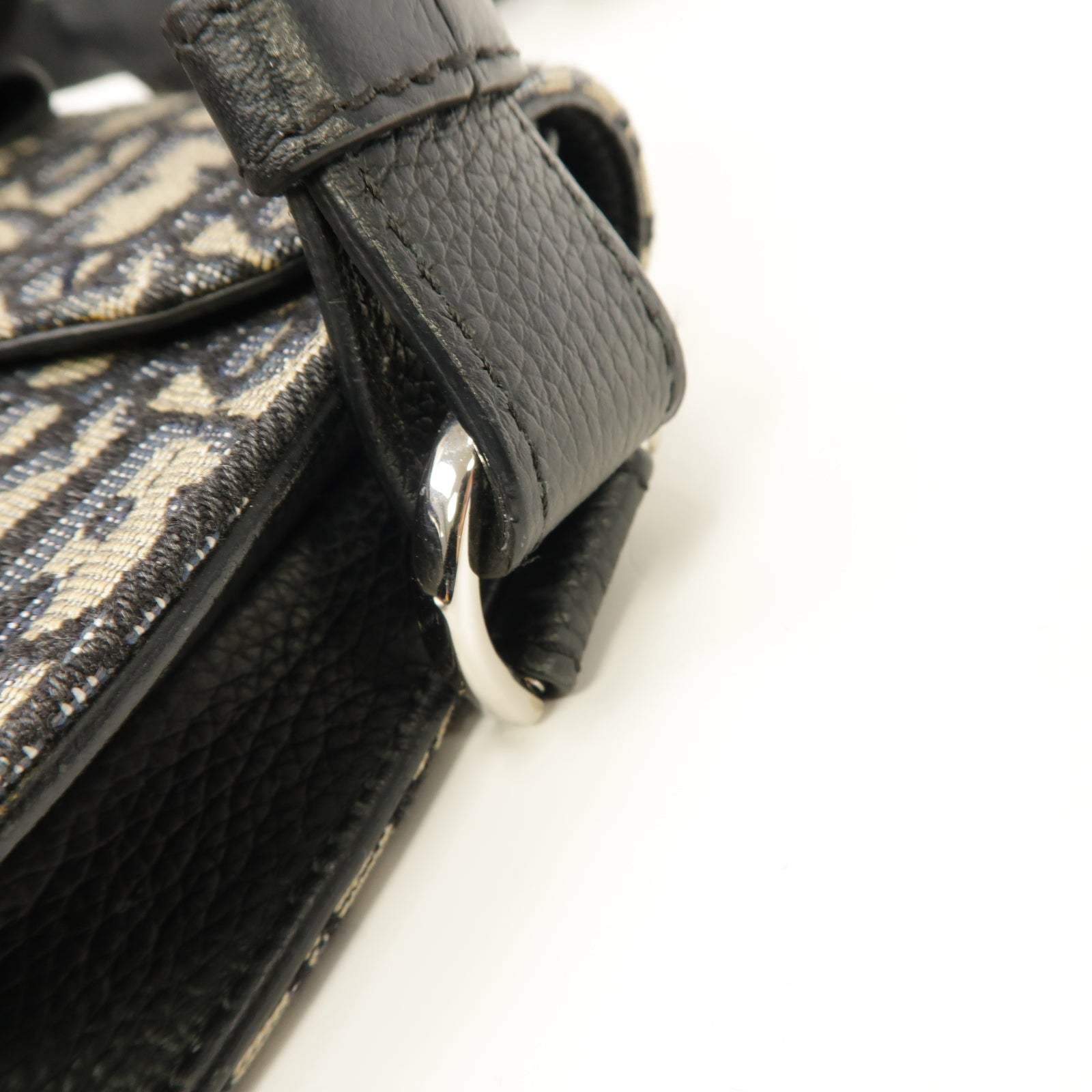 Dior 帆布/皮革Saddle Pouch Bag銀扣肩背袋黑色米色