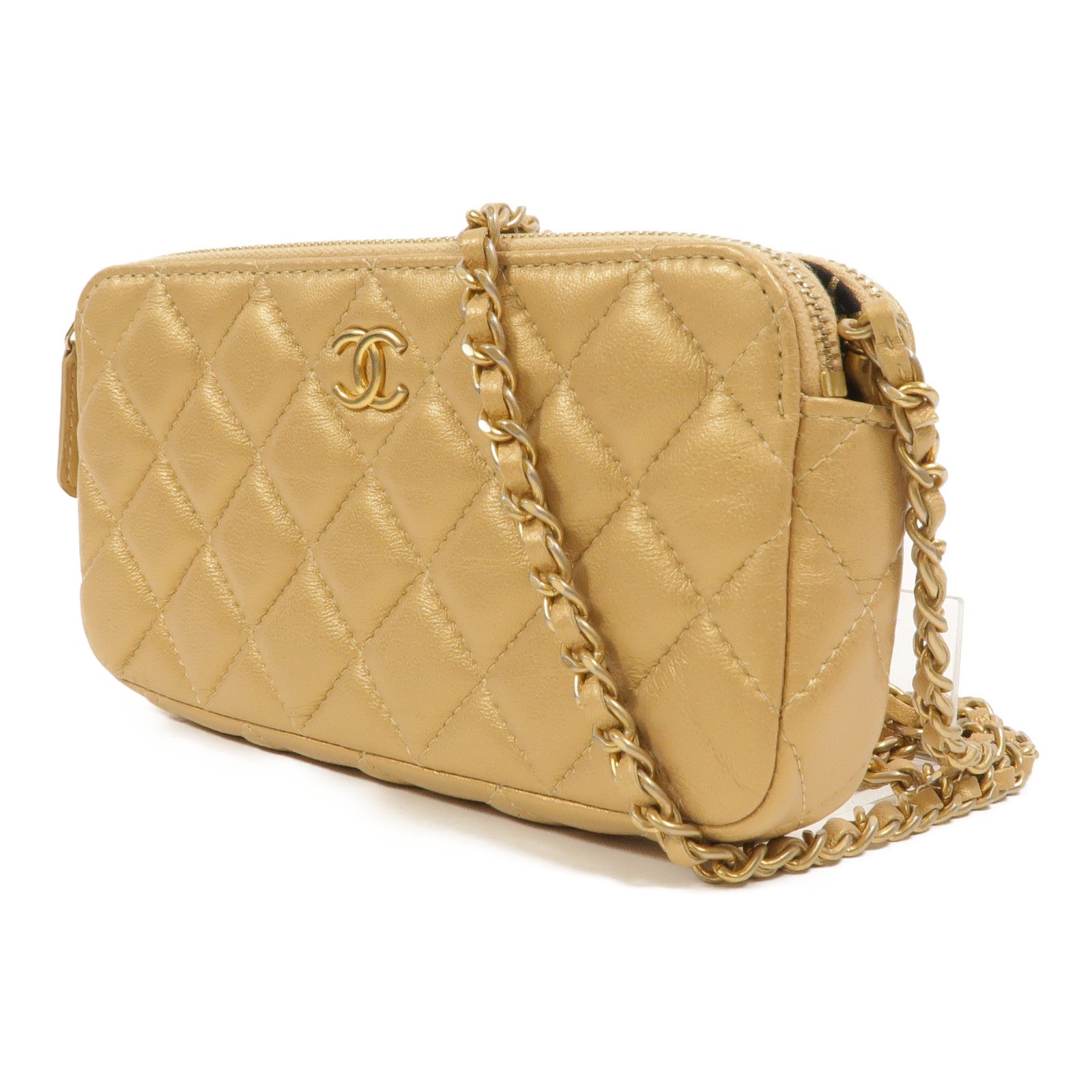 CHANEL 羊皮皮革Double Zip Clutch Bag鏈帶肩背袋