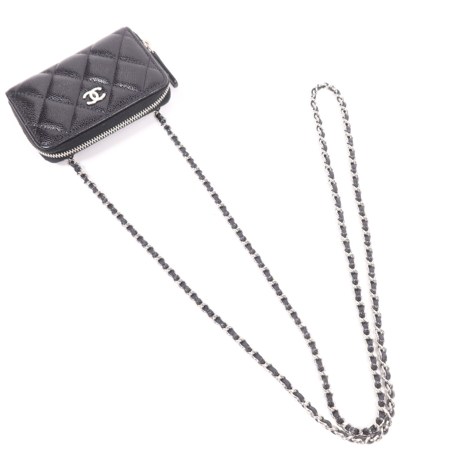 CHANEL 牛皮皮革Chain Card Case銀扣鏈帶卡片套