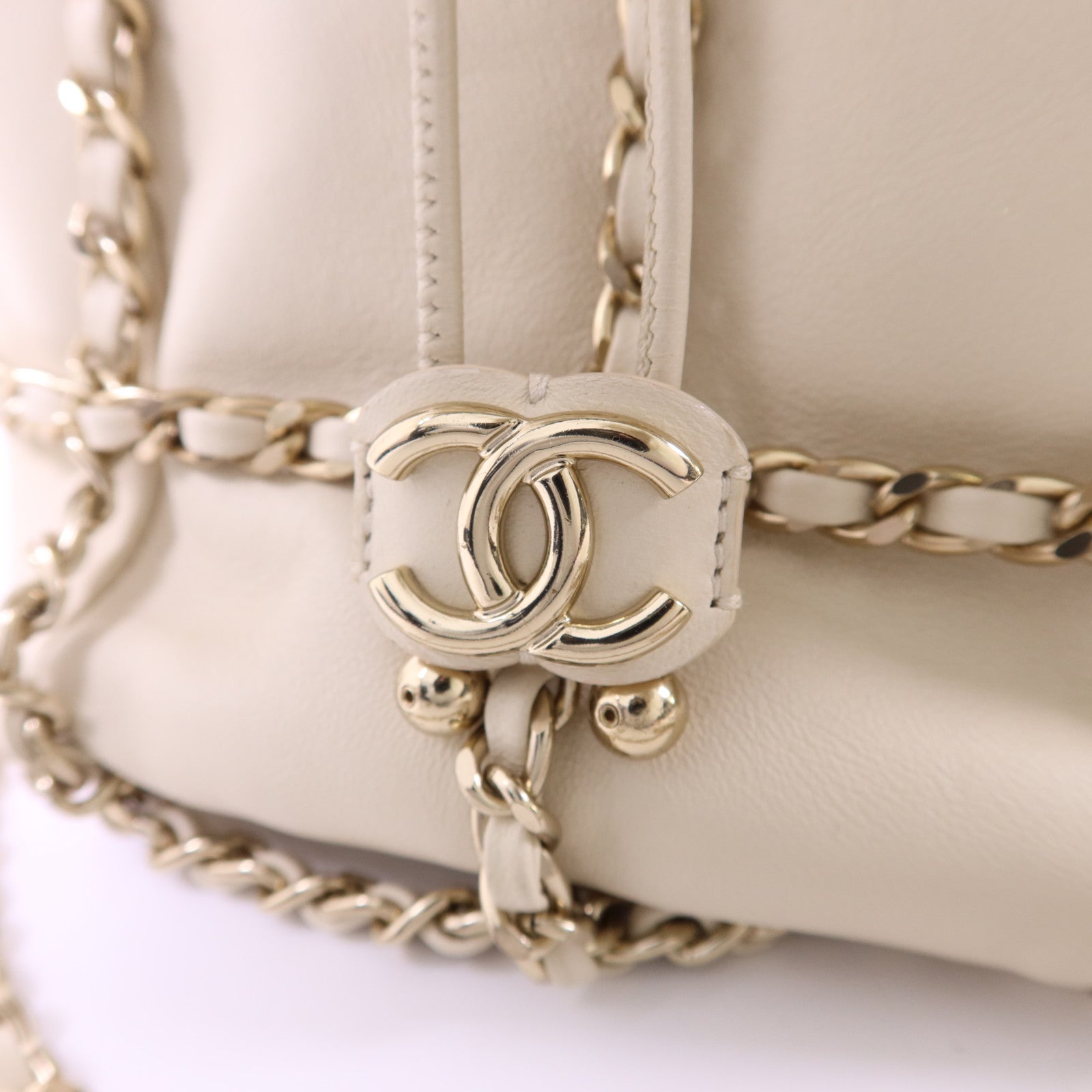 CHANEL 羊皮皮革Drawstring Bag金扣鏈帶肩背袋