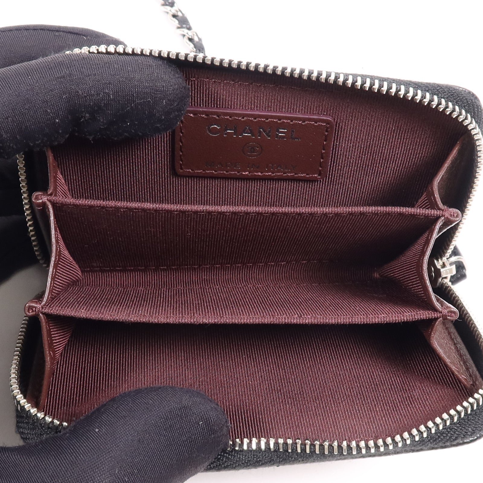 CHANEL 牛皮皮革Chain Card Case銀扣鏈帶卡片套