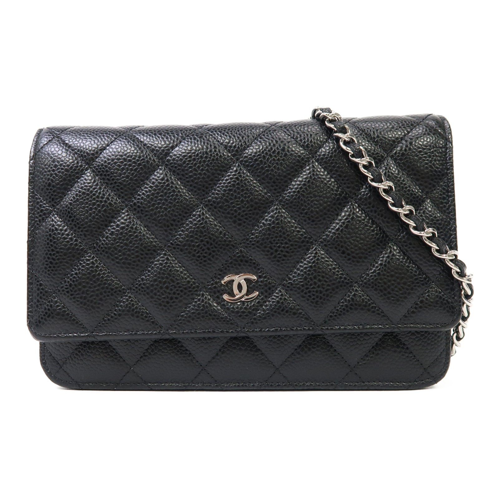 CHANEL 菱格Caviar皮革Wallet On Chain銀扣鏈帶肩背袋黑色
