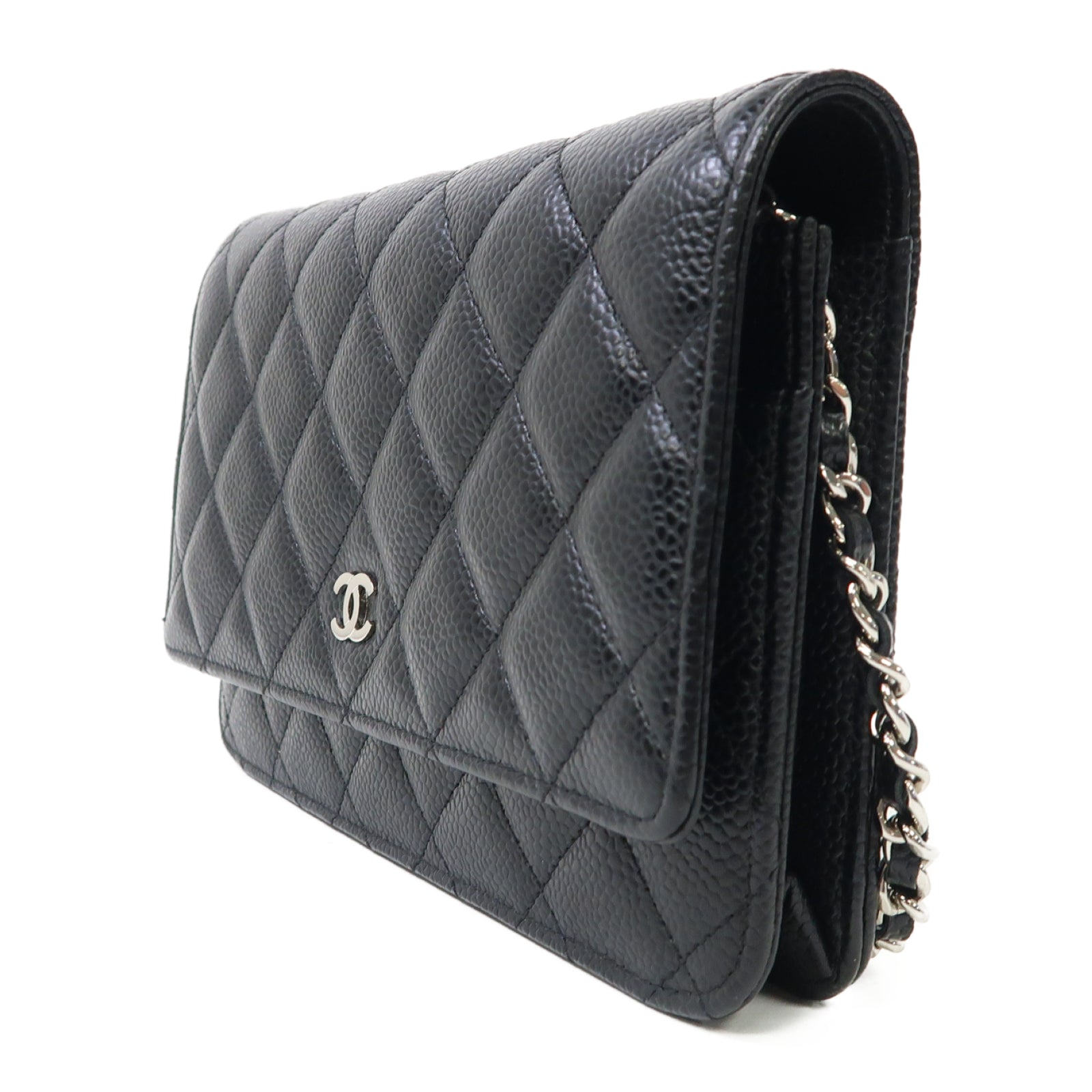 CHANEL 菱格Caviar皮革Wallet On Chain銀扣鏈帶肩背袋黑色