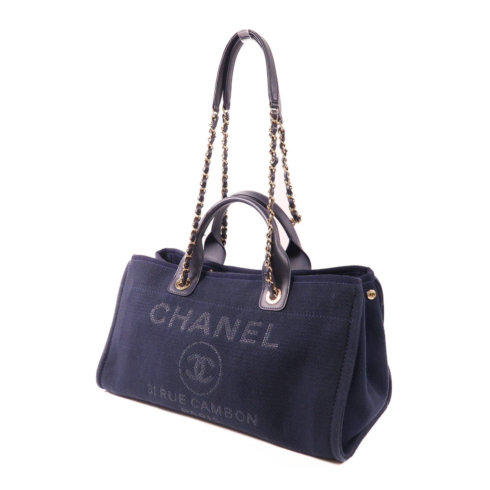 CHANEL CC GHW Deauville Bowling Bag Chain 2 Way Bag Canvas Navy