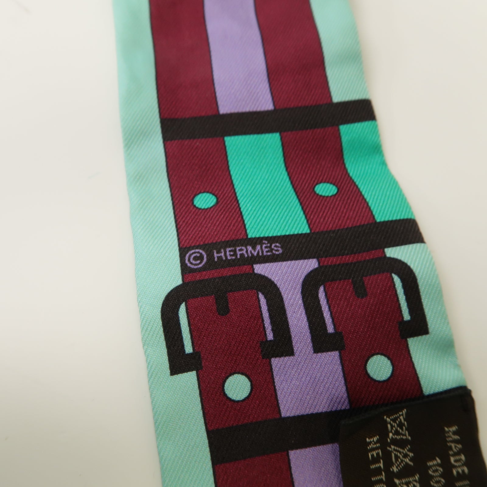 HERMES 【激減優惠】絲質Twilly絲巾綠色/紫色