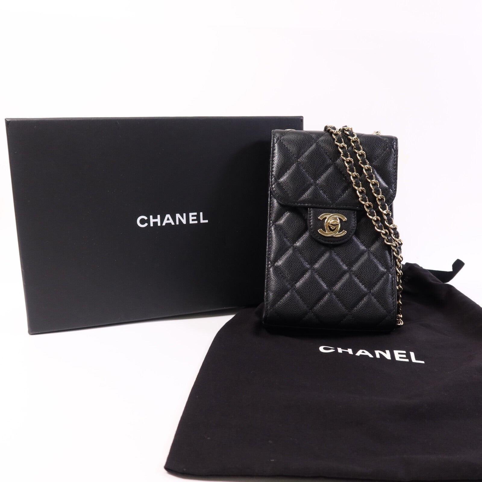 CHANEL 牛皮皮革Phone Bag金扣鏈帶肩背袋