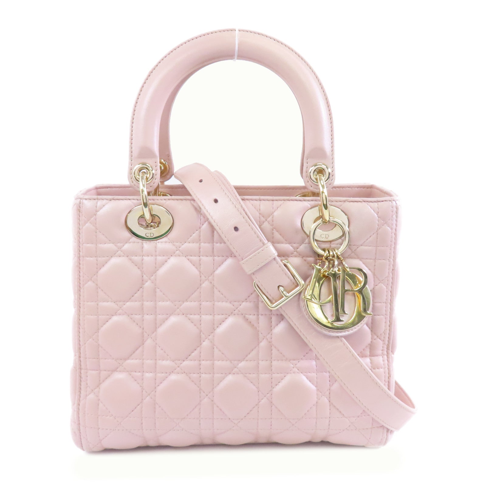Dior 羊皮皮革Lady Dior Medium金扣手挽肩背兩用袋粉紅色