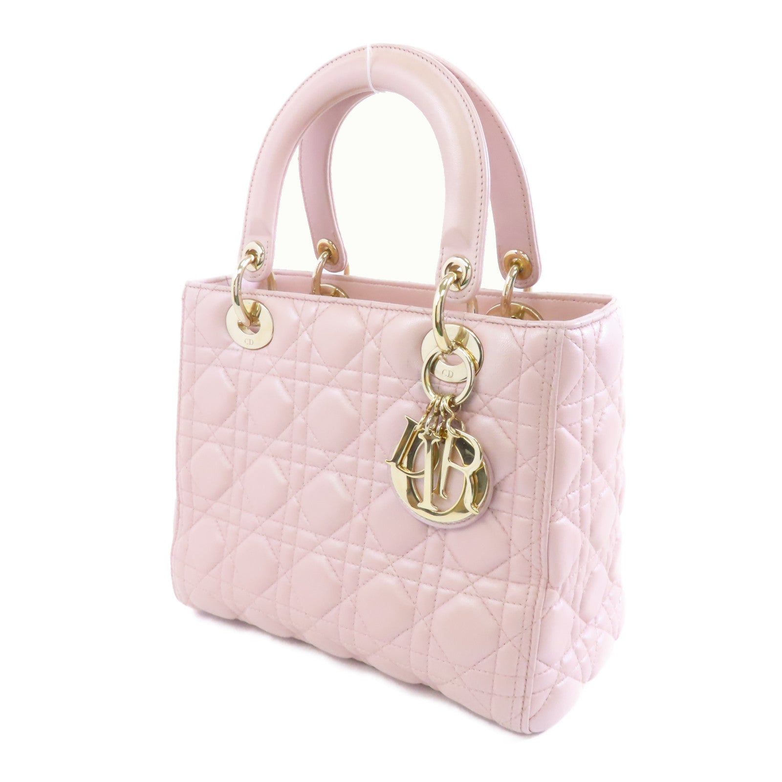 Dior 羊皮皮革Lady Dior Medium金扣手挽肩背兩用袋粉紅色