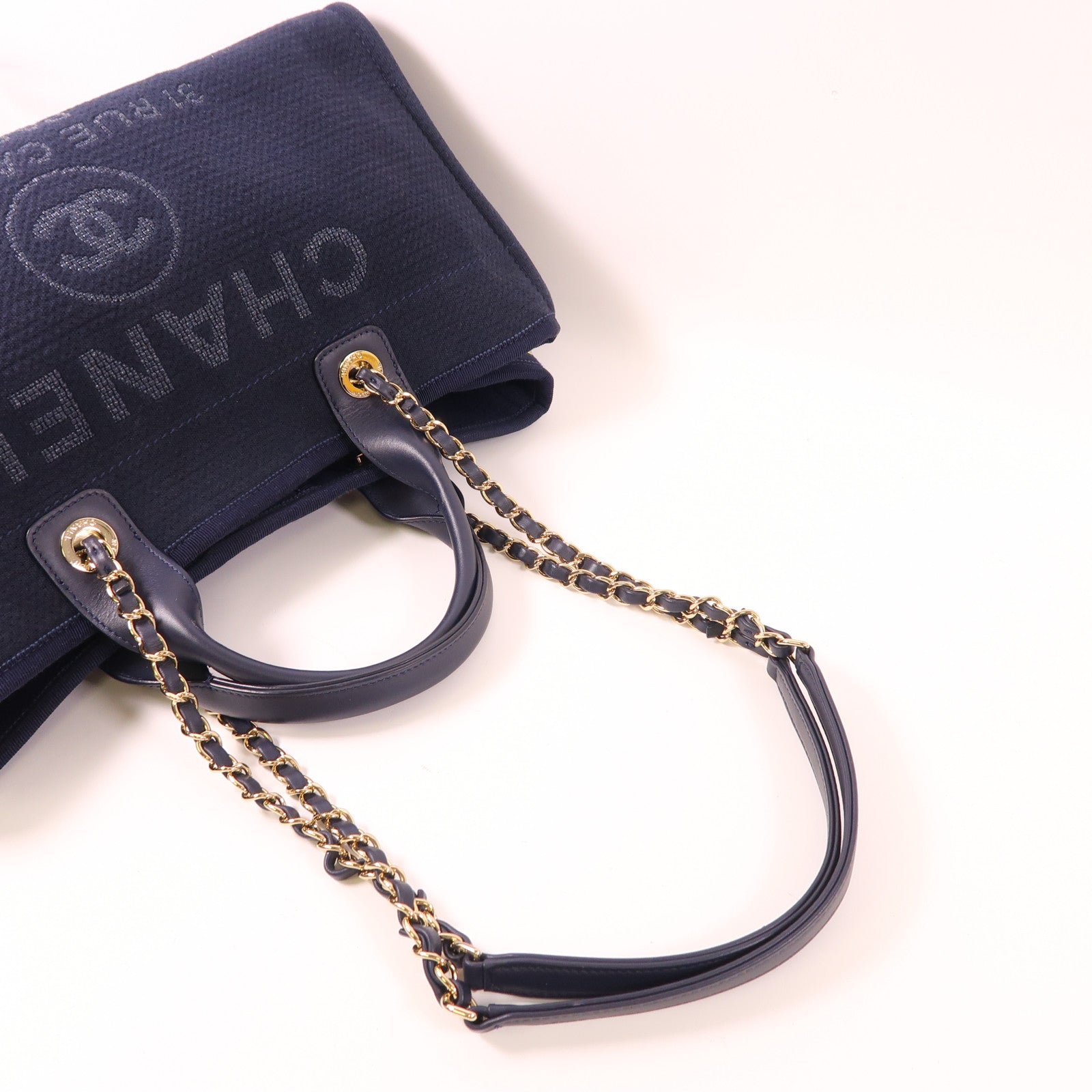 CHANEL CC GHW Deauville Bowling Bag Chain 2 Way Bag Canvas Navy