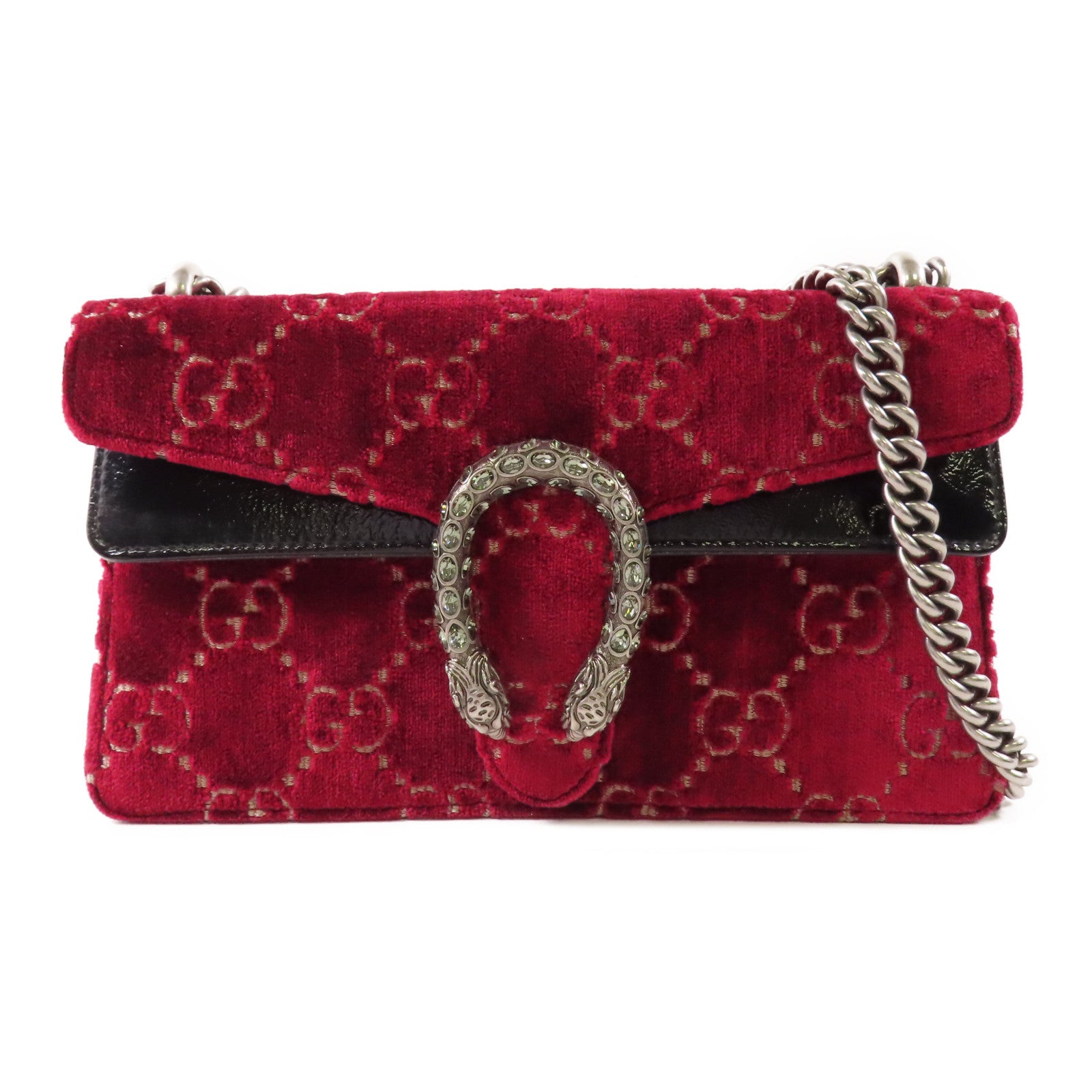GUCCI 天鵝絨Dionysus GG銀扣鏈帶肩背袋