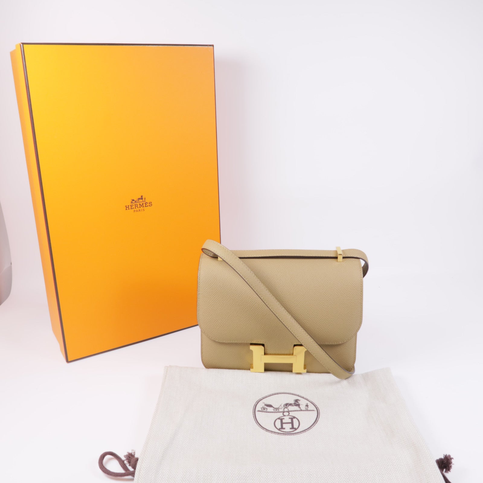 HERMES GHW Constance Mini 2Way Shoulder Hand Bag Veau Epsom Leather 1C Poussiere