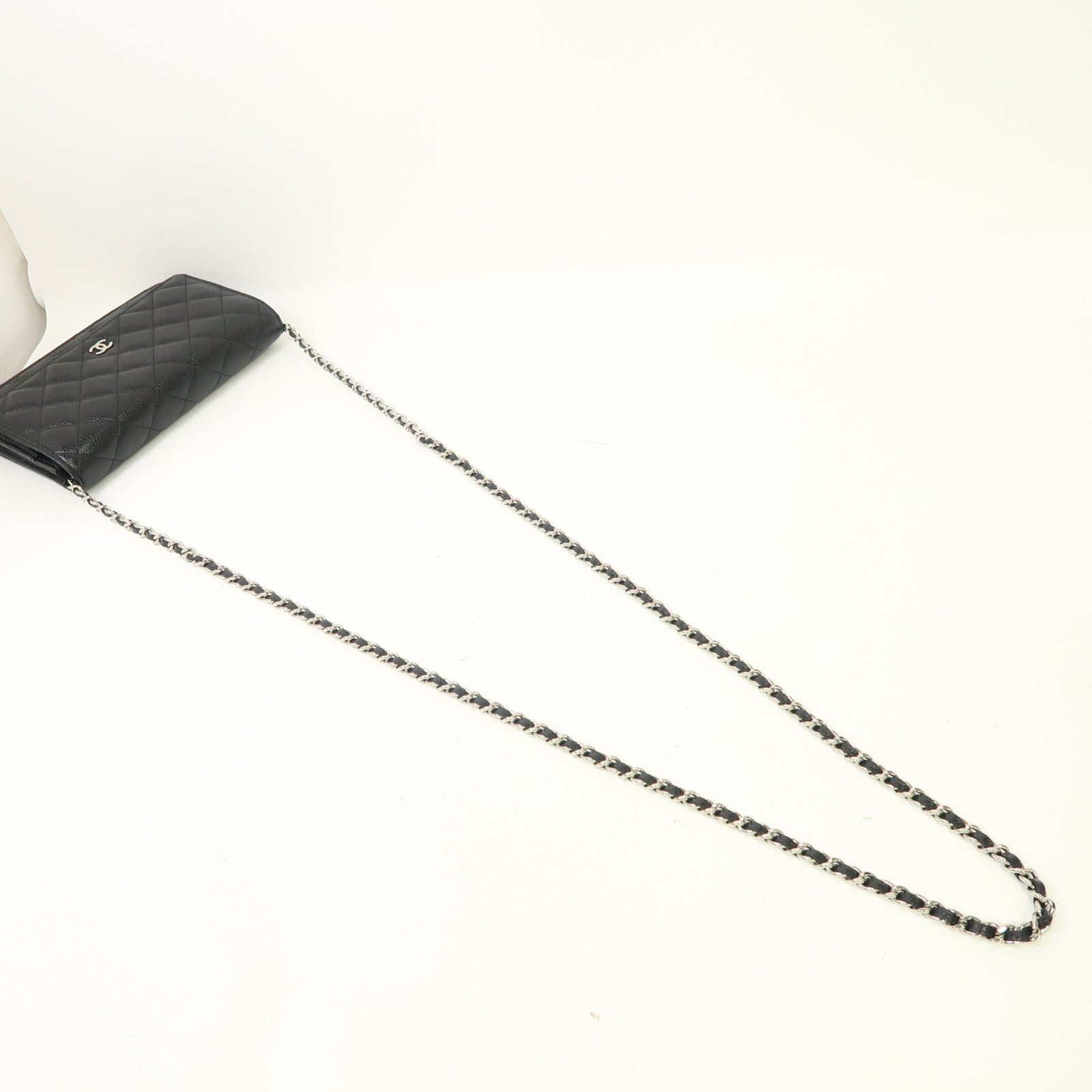 CHANEL 菱格Caviar皮革Wallet On Chain銀扣鏈帶肩背袋黑色