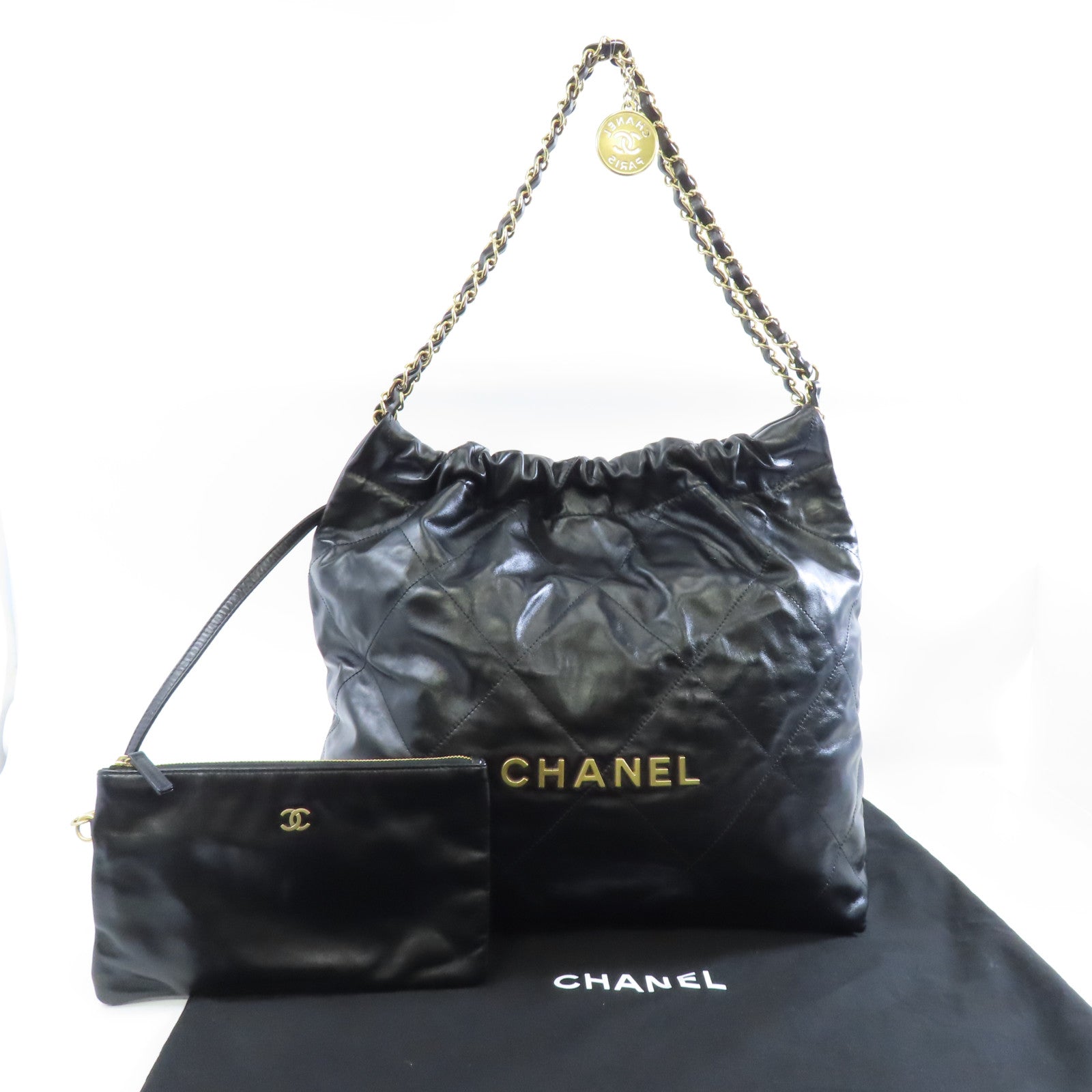 CHANEL 菱格牛皮皮革Chanel 22金扣鏈帶肩背袋黑色