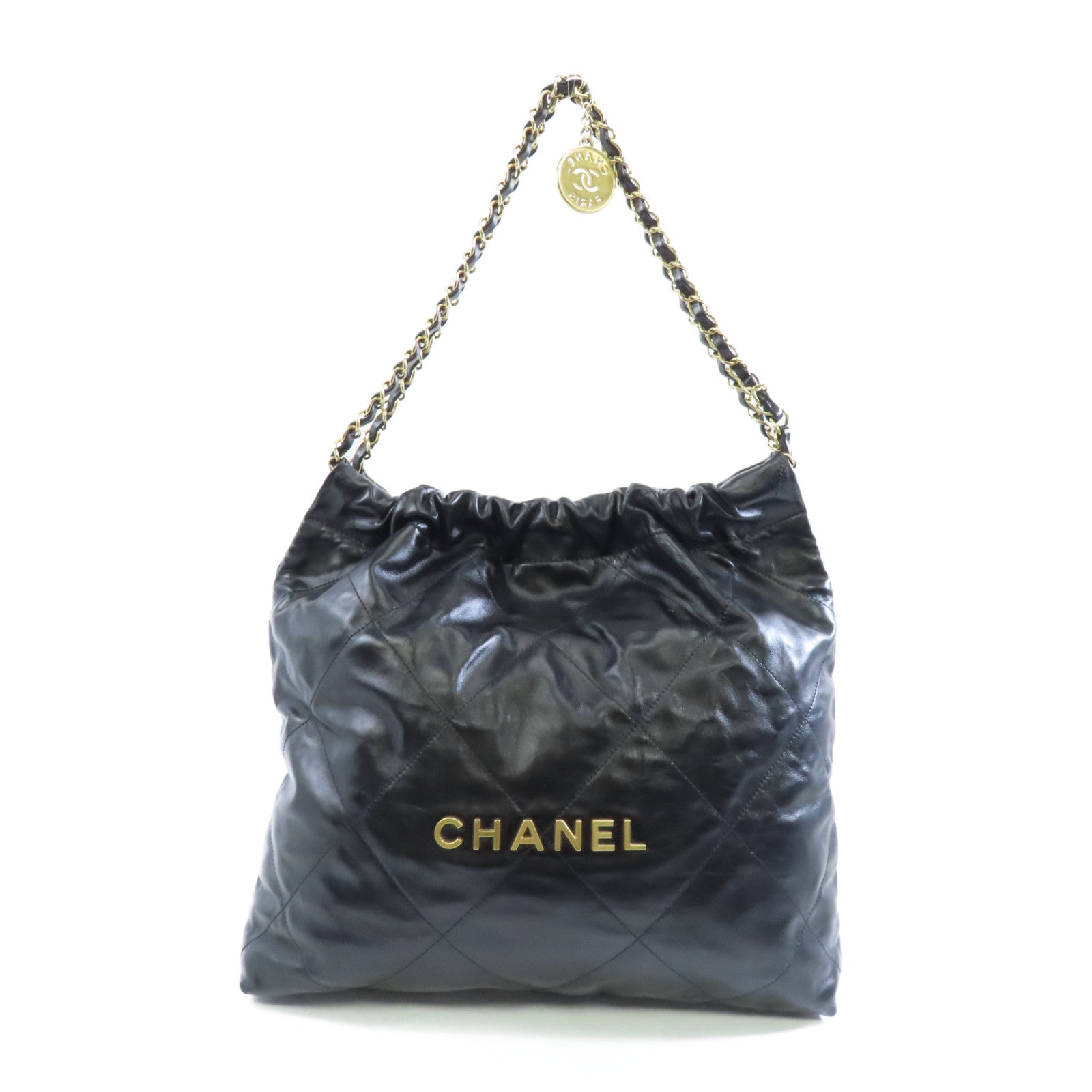 CHANEL 菱格牛皮皮革Chanel 22金扣鏈帶肩背袋黑色