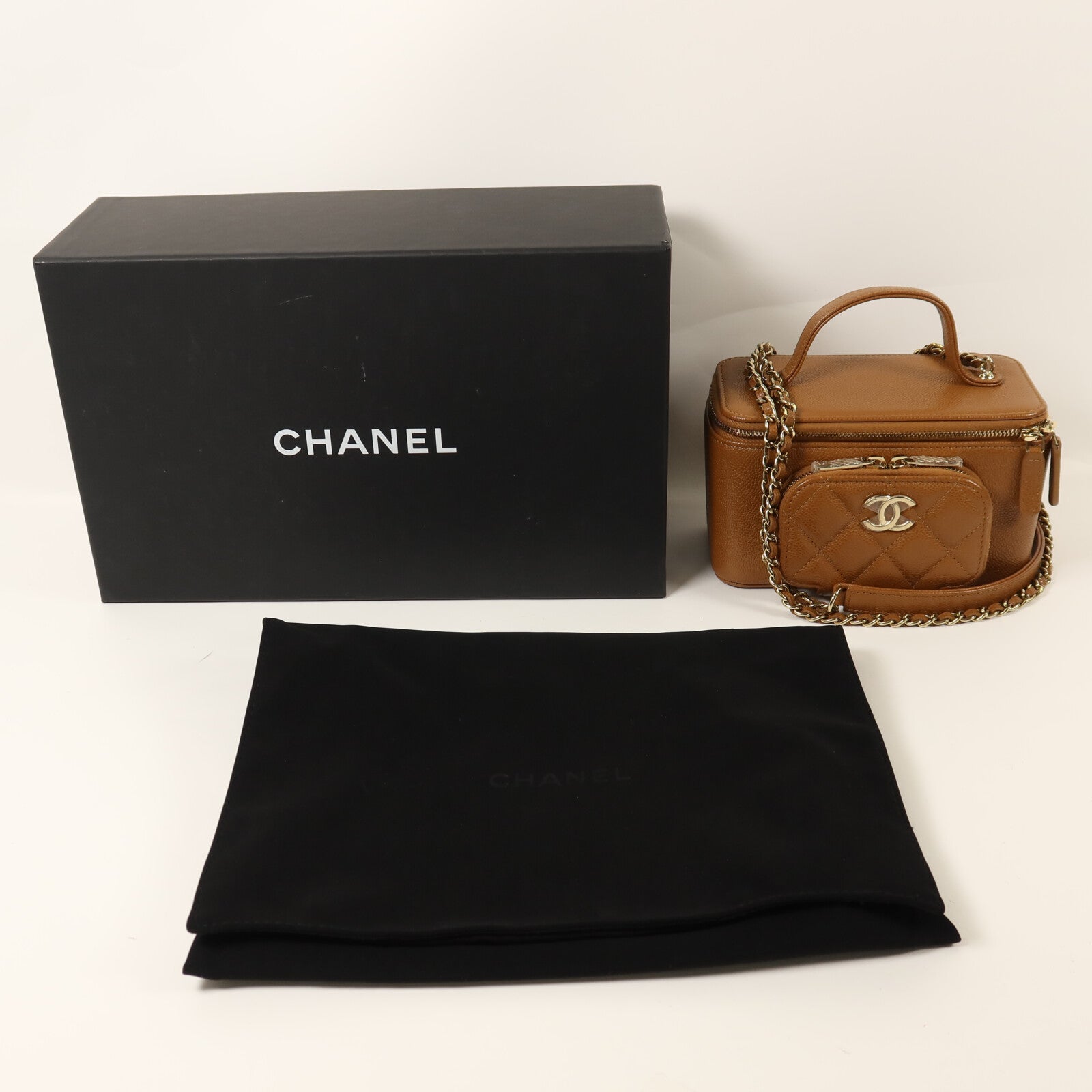 CHANEL 牛皮皮革Vanity Case金扣鏈帶手挽肩背兩用袋