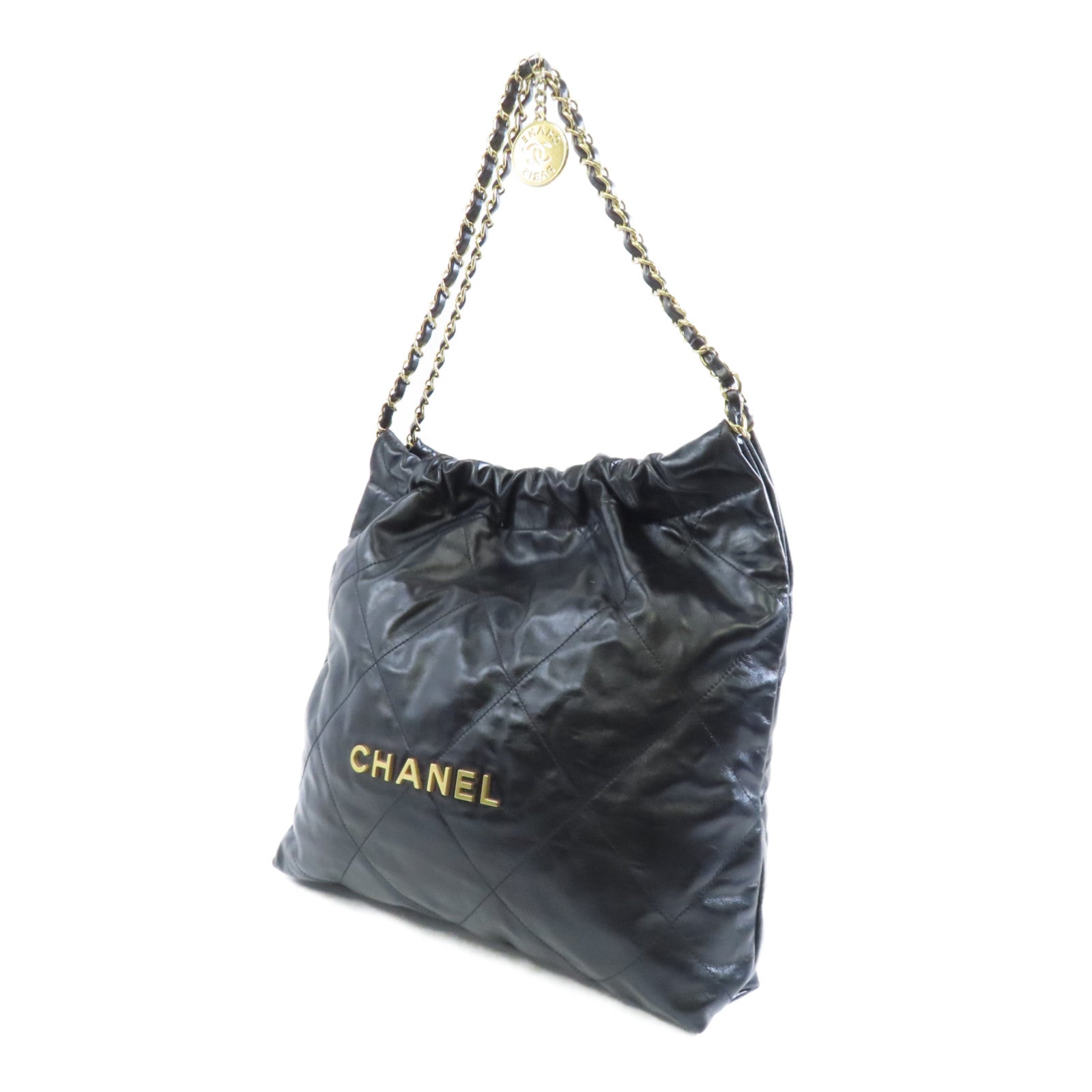 CHANEL 菱格牛皮皮革Chanel 22金扣鏈帶肩背袋黑色