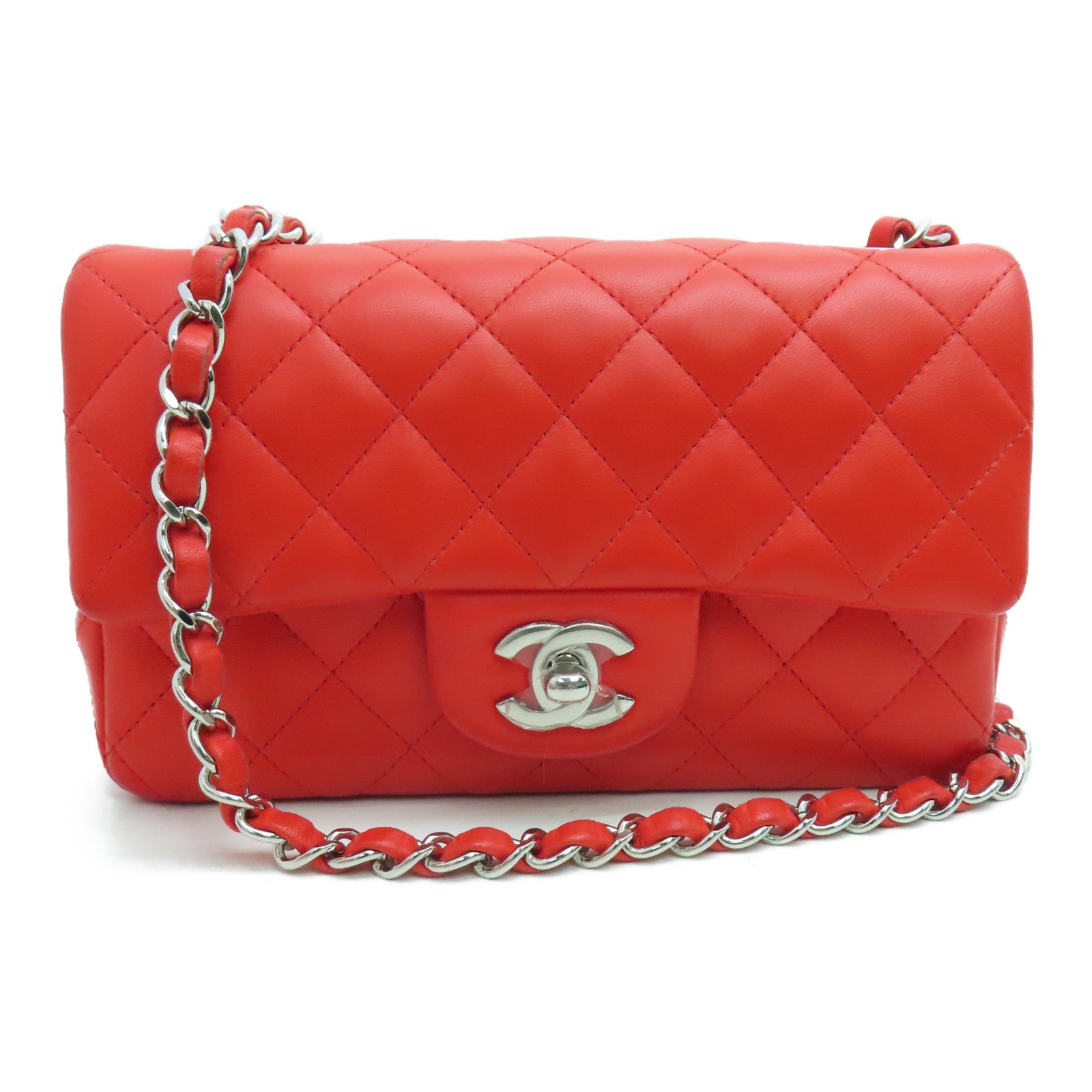 CHANEL 【激減優惠】菱格羊皮皮革Chain Shoulder銀扣鏈帶肩背袋紅色