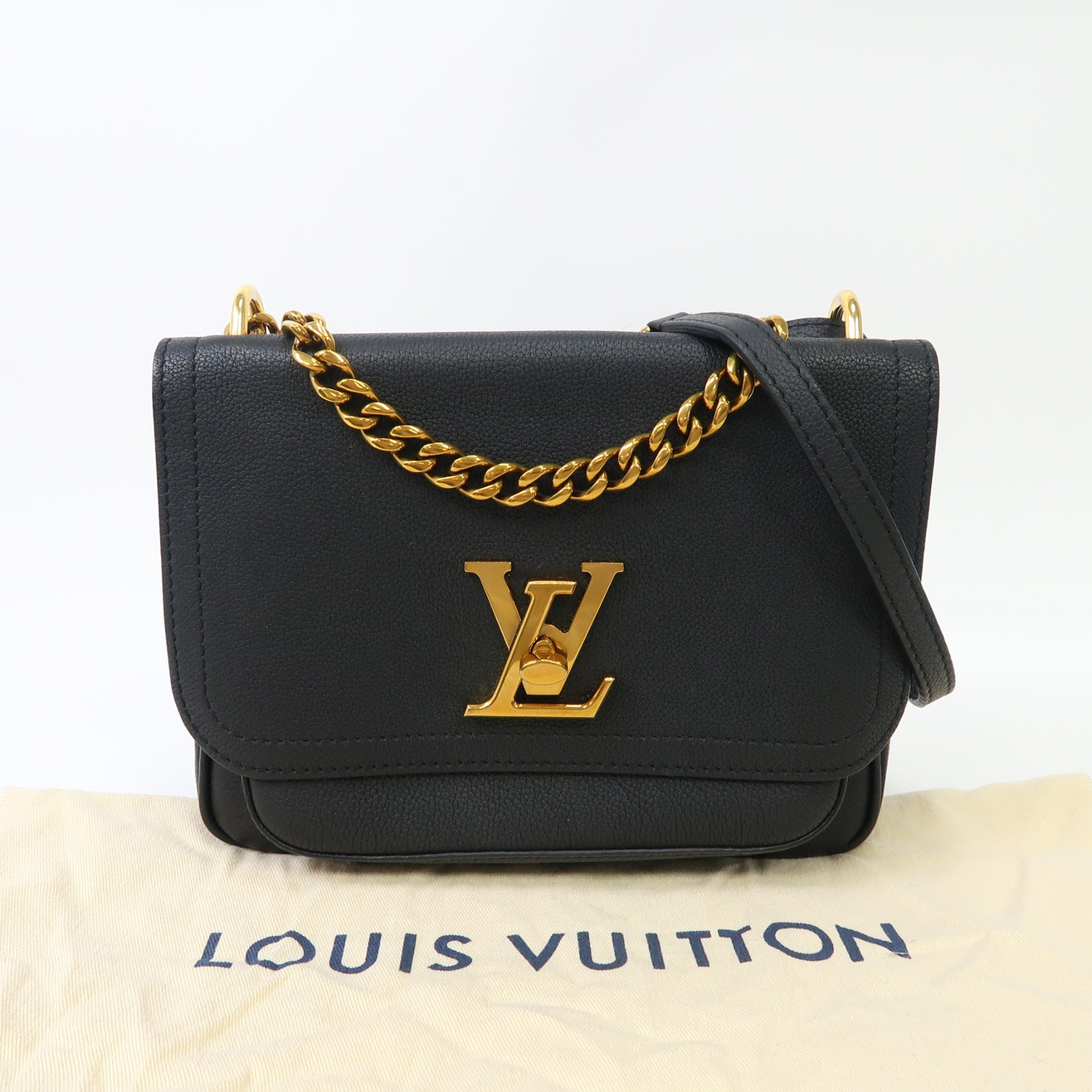 LOUIS VUITTON 牛皮皮革Lock Me金扣鏈帶肩背袋黑色