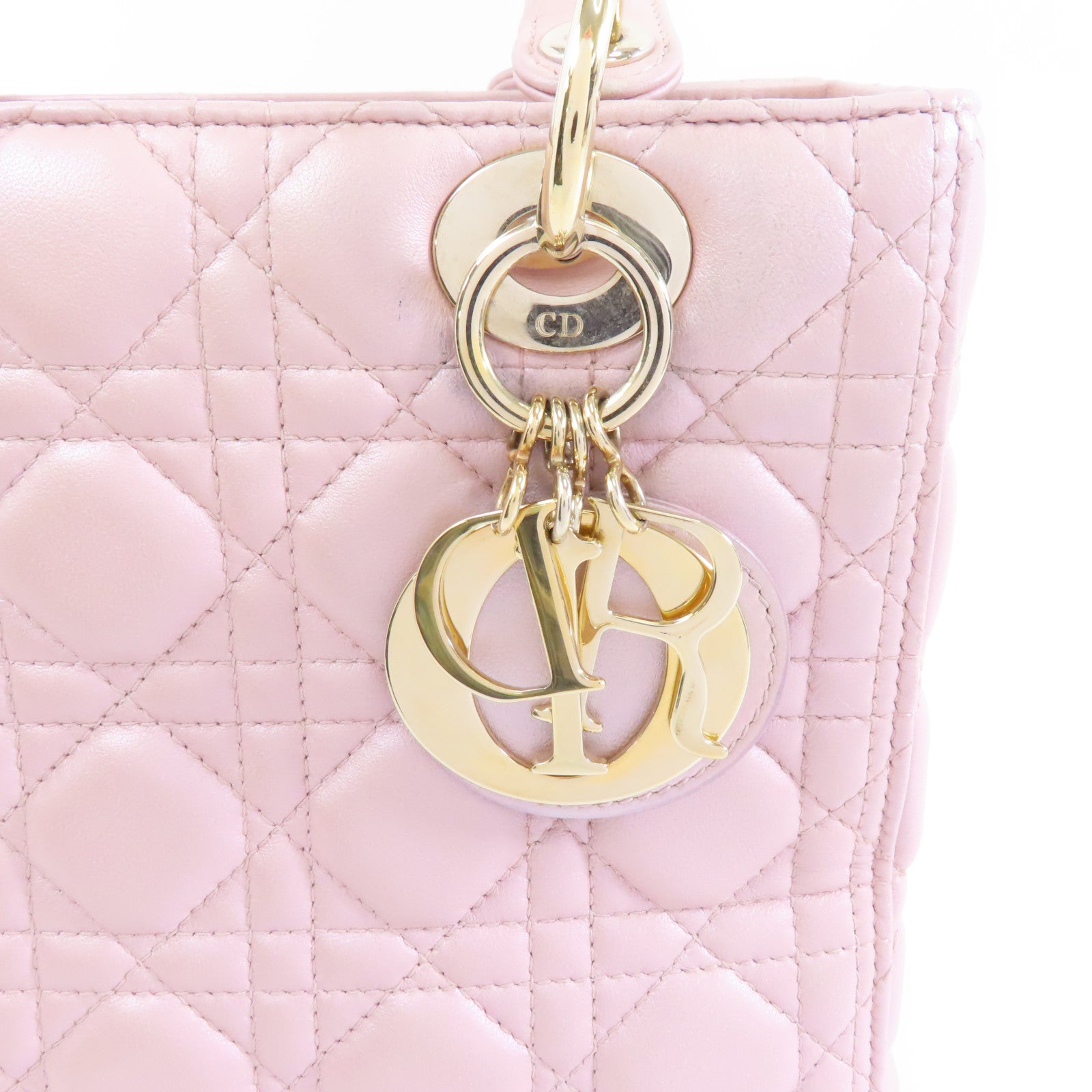 Dior 羊皮皮革Lady Dior Medium金扣手挽肩背兩用袋粉紅色