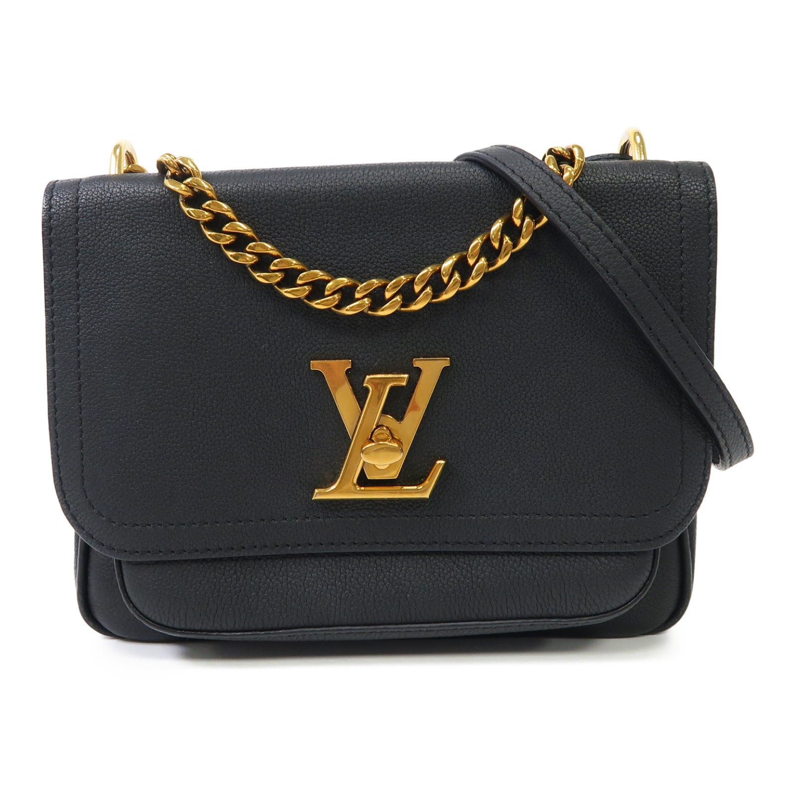 LOUIS VUITTON 牛皮皮革Lock Me金扣鏈帶肩背袋黑色