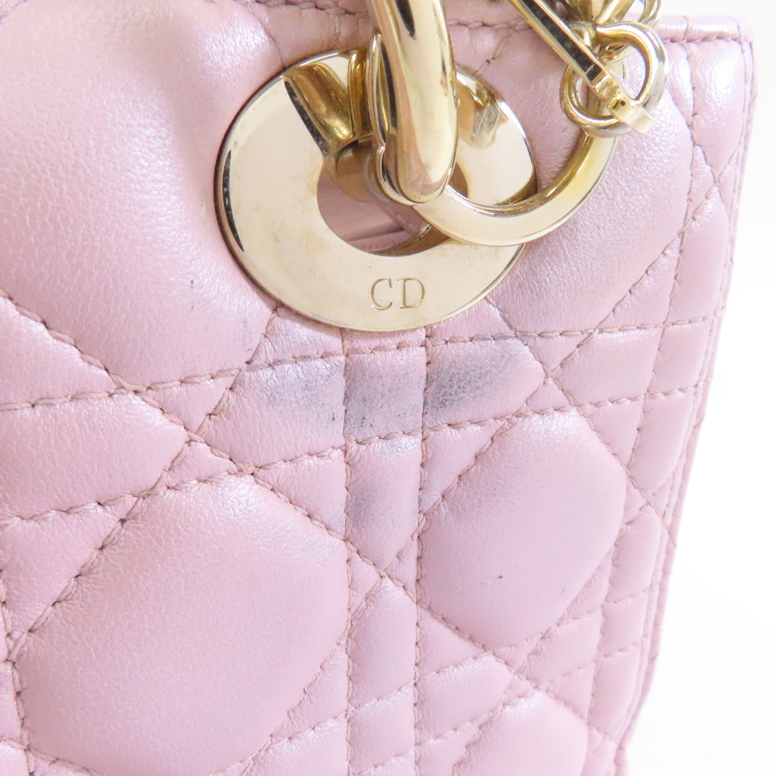 Dior 羊皮皮革Lady Dior Medium金扣手挽肩背兩用袋粉紅色