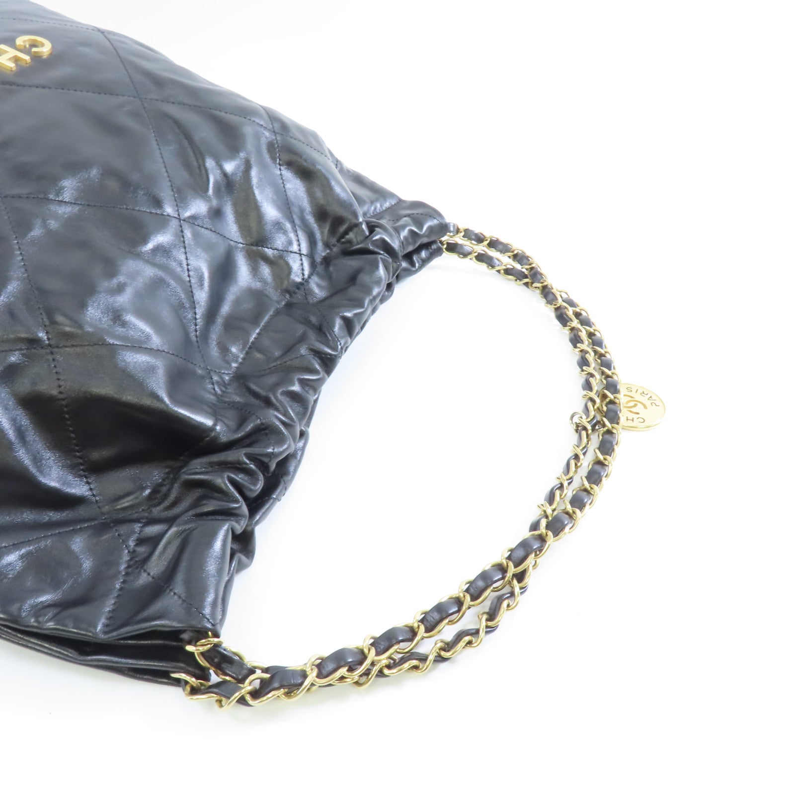 CHANEL 菱格牛皮皮革Chanel 22金扣鏈帶肩背袋黑色