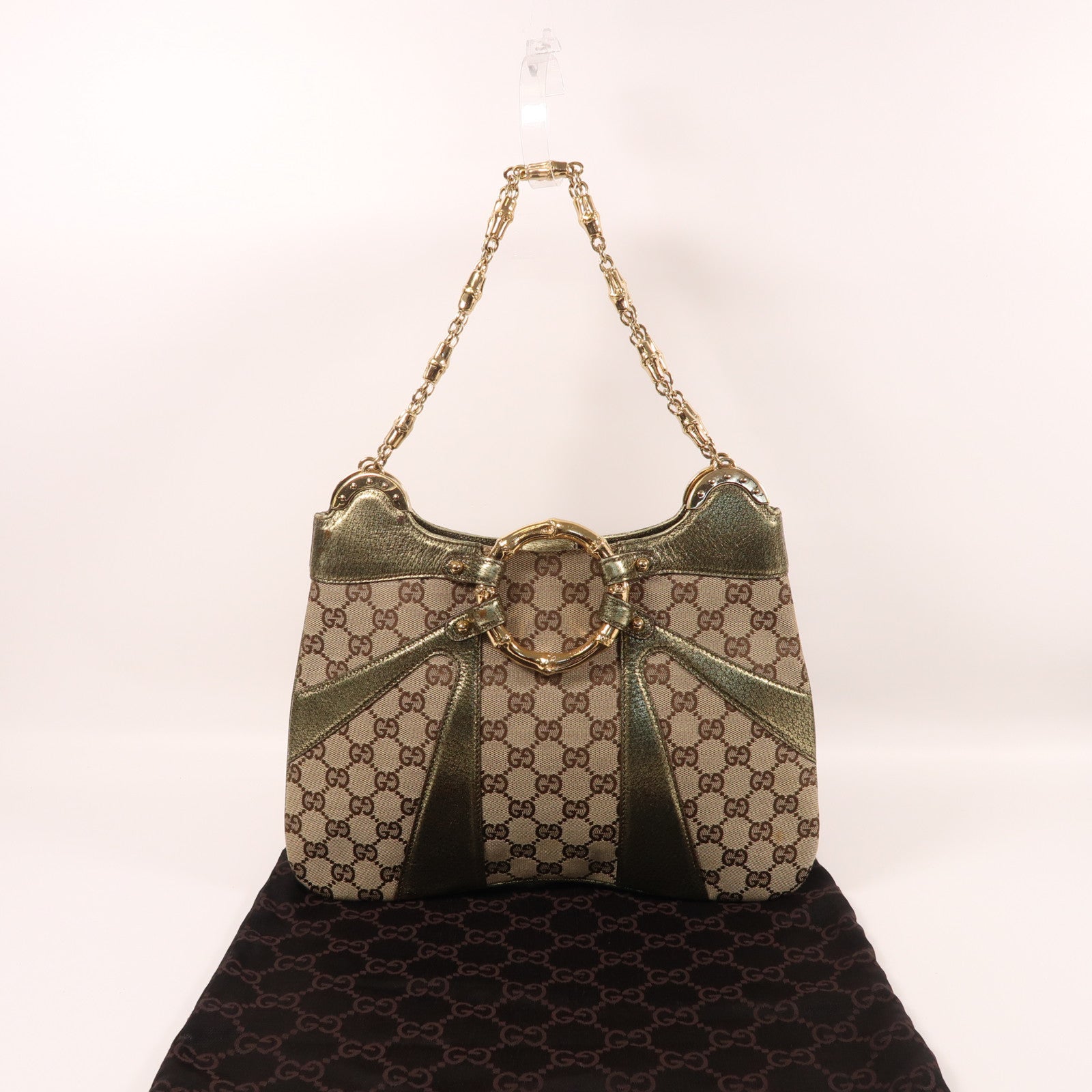 GUCCI 帆布Chain Shoulder金扣鏈帶肩背袋啡色