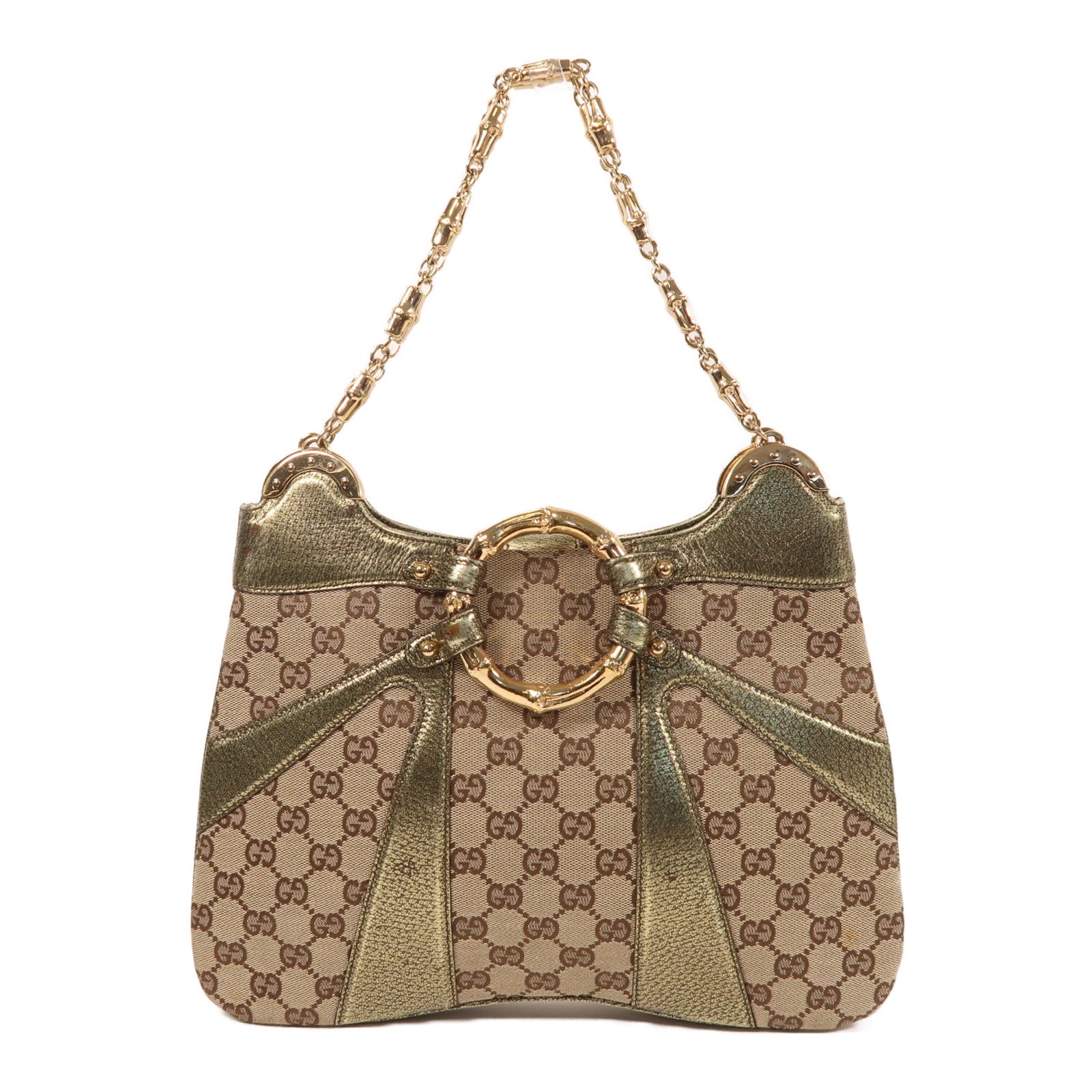 GUCCI 帆布Chain Shoulder金扣鏈帶肩背袋啡色