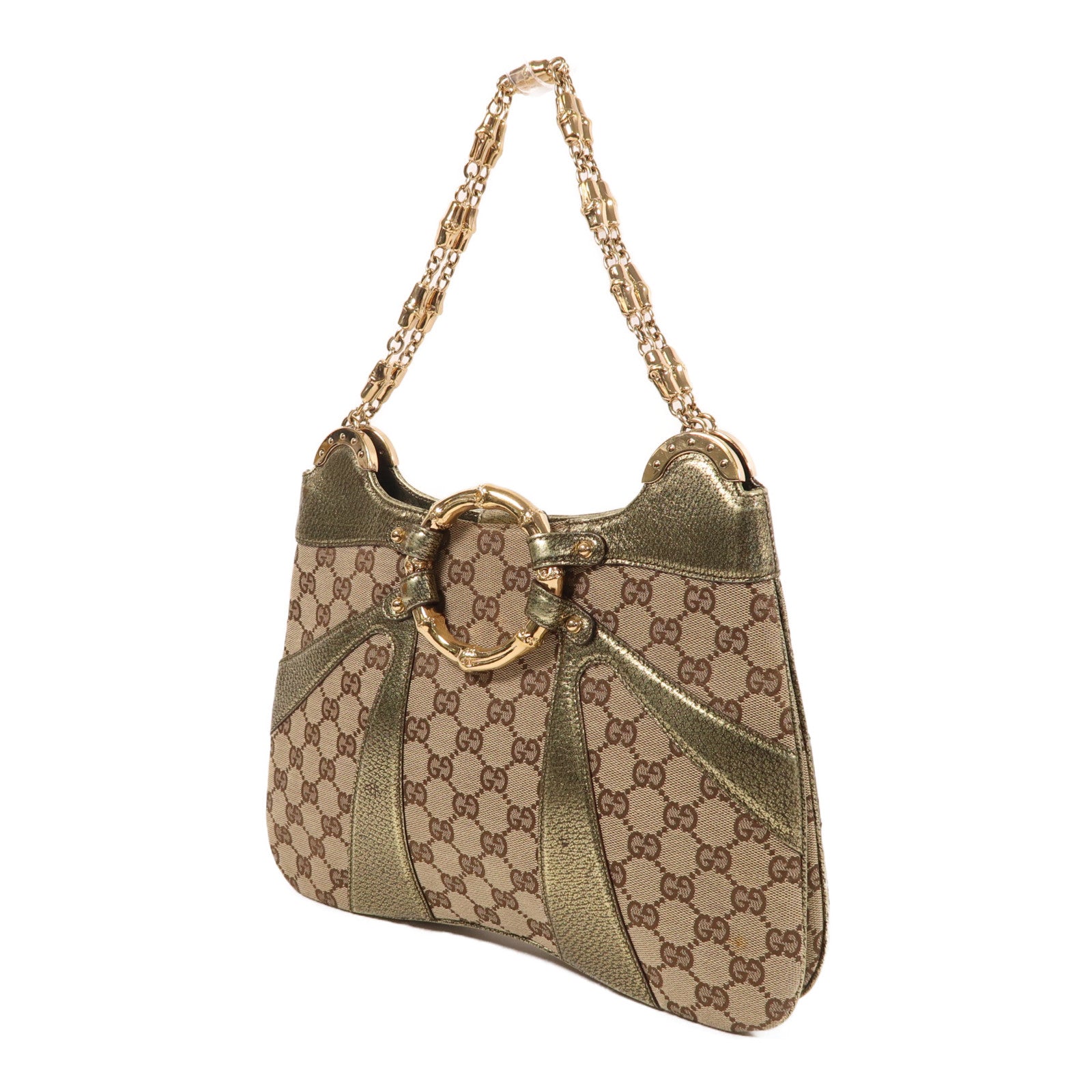 GUCCI 帆布Chain Shoulder金扣鏈帶肩背袋啡色