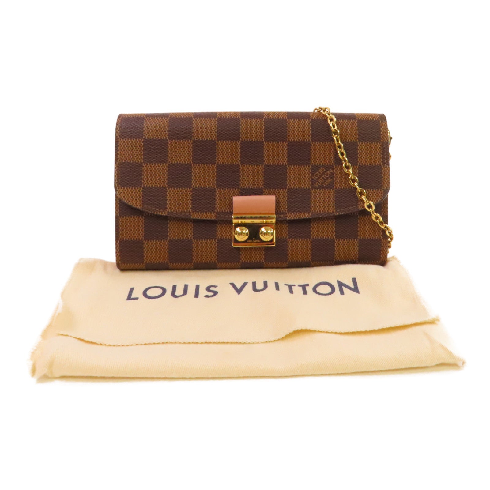LOUIS VUITTON Damier Azur Croisette Chain Wallet Shoulder Bag金扣鏈帶肩背袋啡色/粉紅色