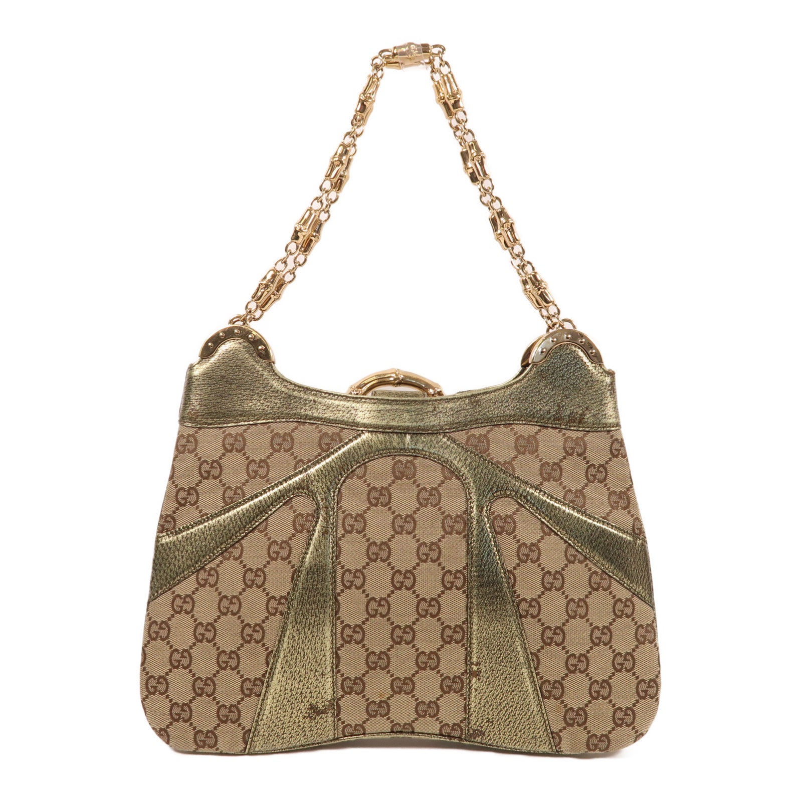 GUCCI 帆布Chain Shoulder金扣鏈帶肩背袋啡色