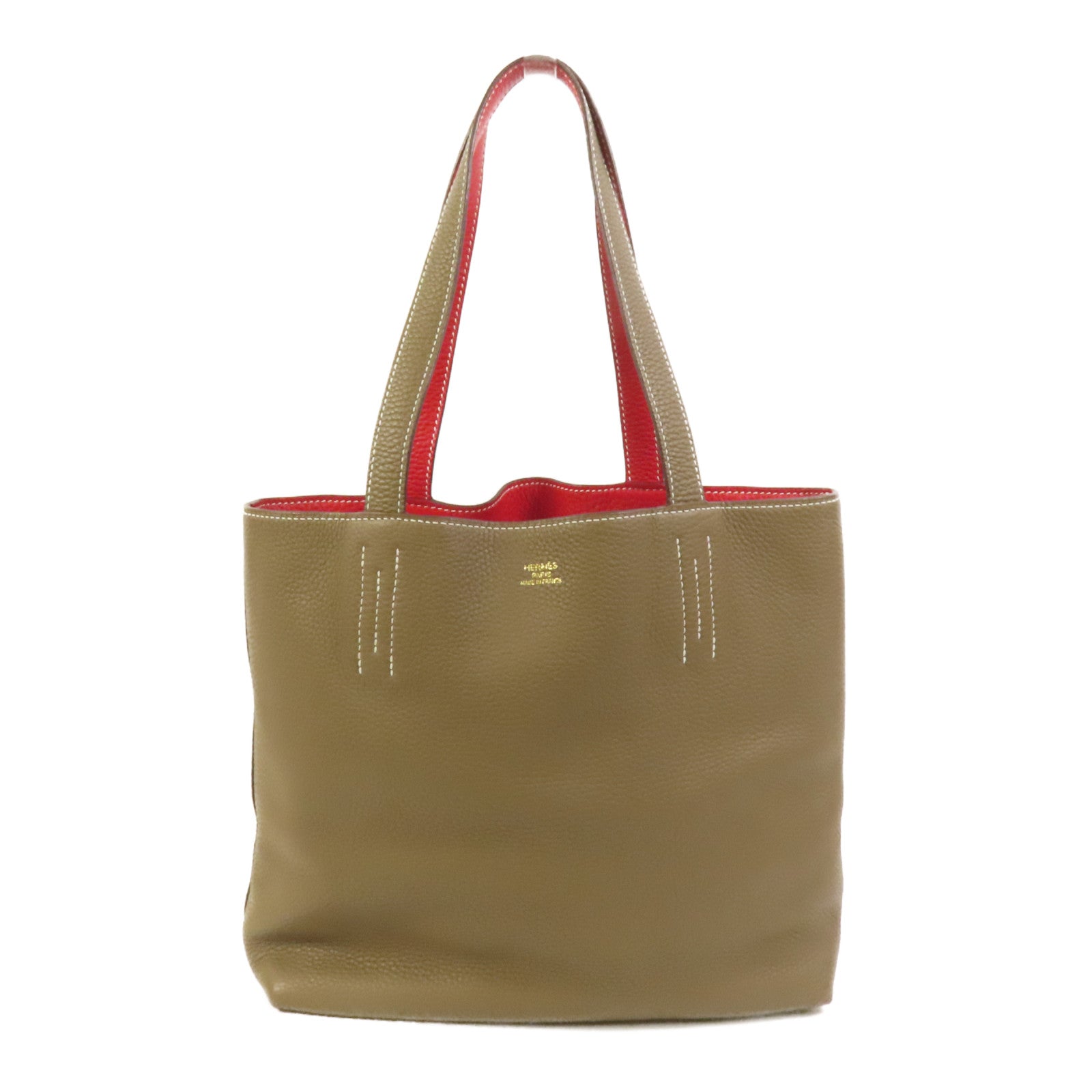 HERMES Clemence皮革Double Sens 35手挽袋 Etoupe/Rouge Tomato