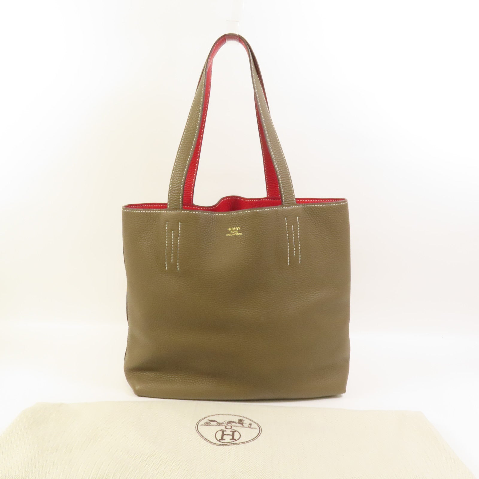 HERMES Clemence皮革Double Sens 35手挽袋 Etoupe/Rouge Tomato