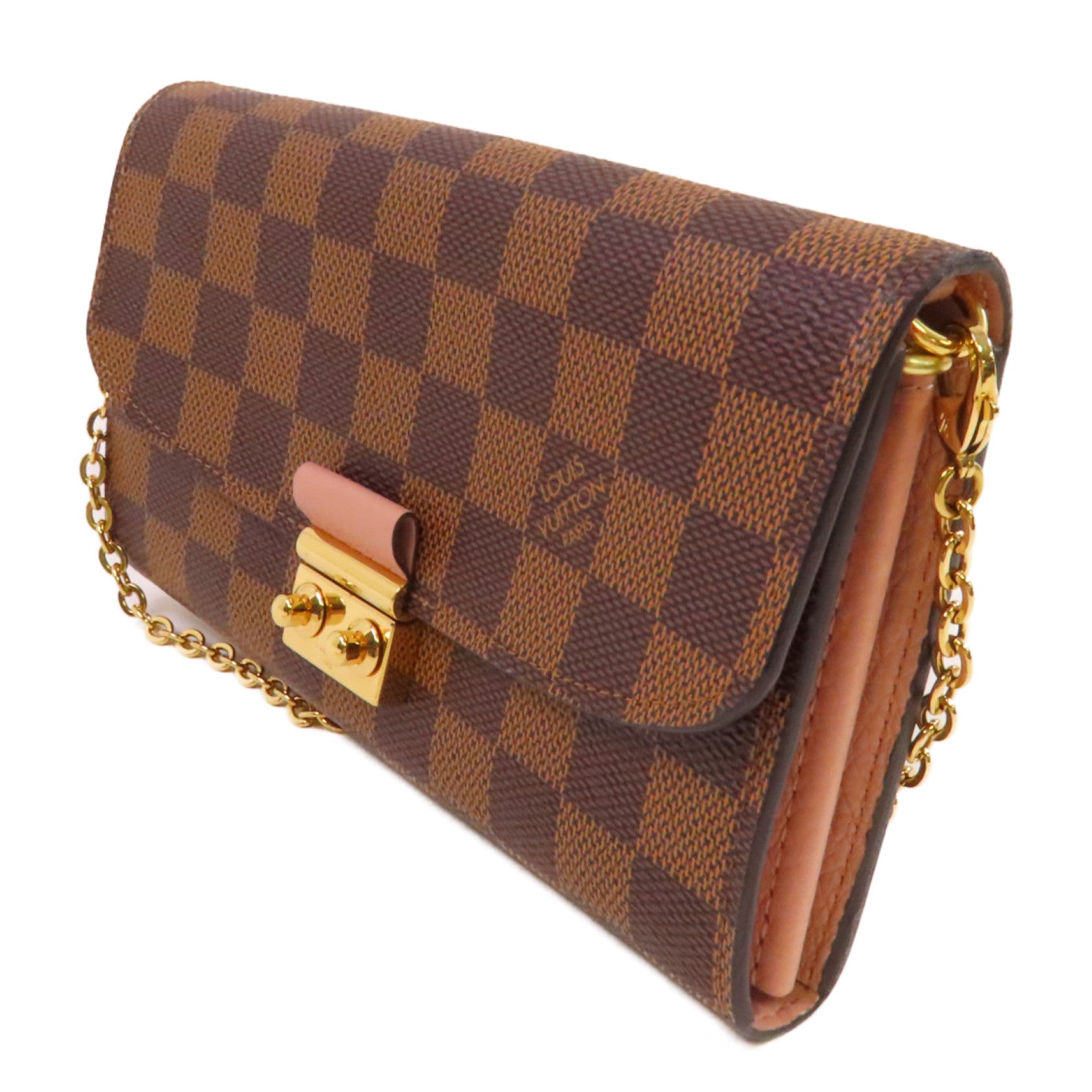 LOUIS VUITTON Damier Azur Croisette Chain Wallet Shoulder Bag金扣鏈帶肩背袋啡色/粉紅色