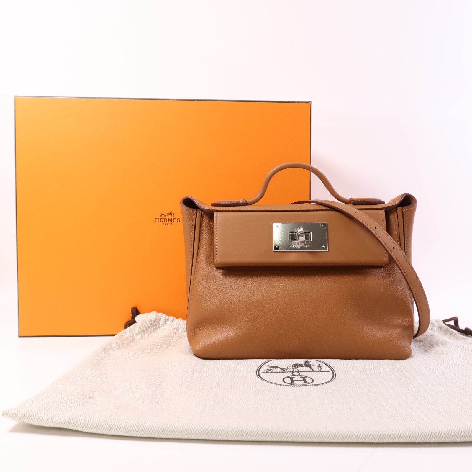 HERMES Swift皮革24/24 Mini銀扣肩背袋Gold