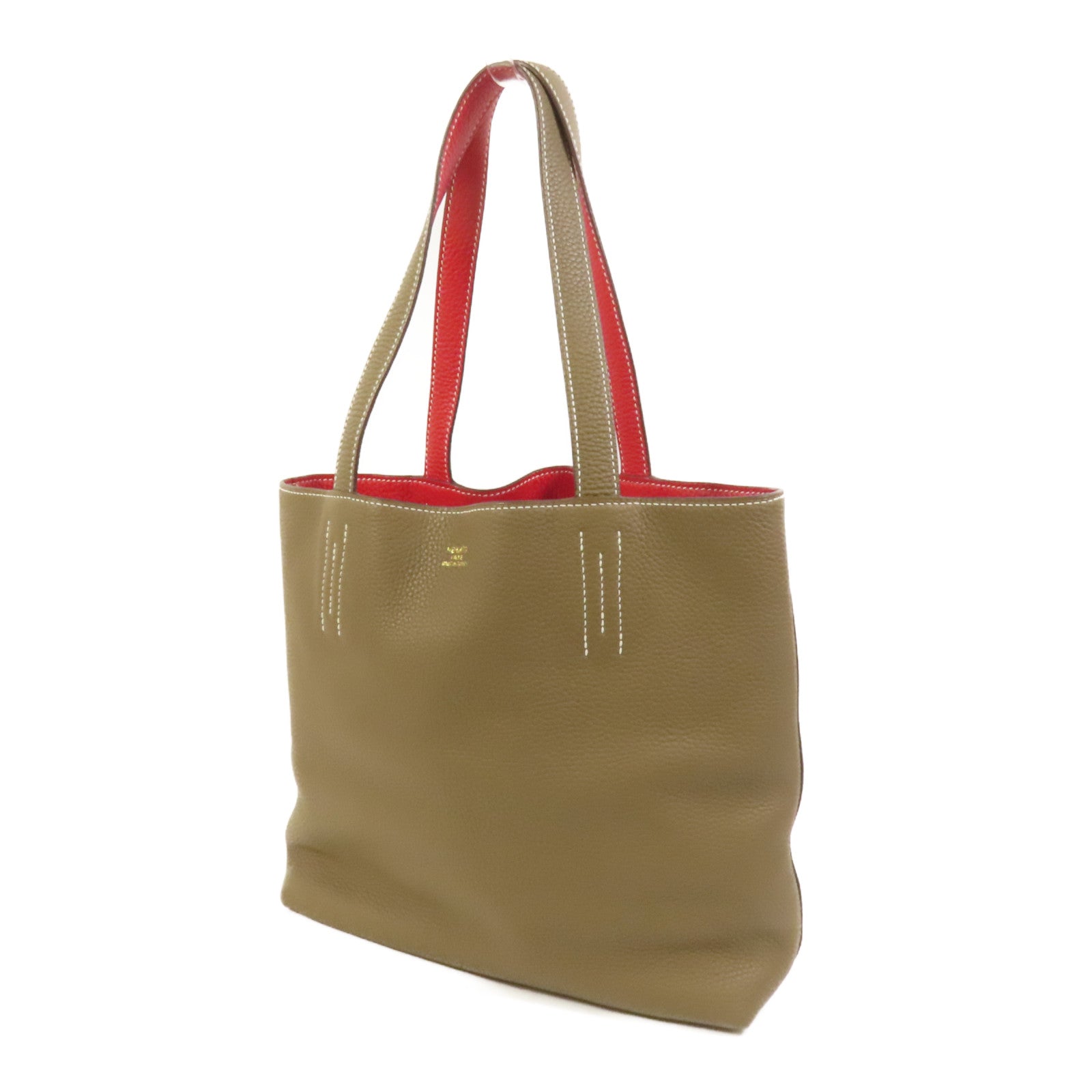 HERMES Clemence皮革Double Sens 35手挽袋 Etoupe/Rouge Tomato