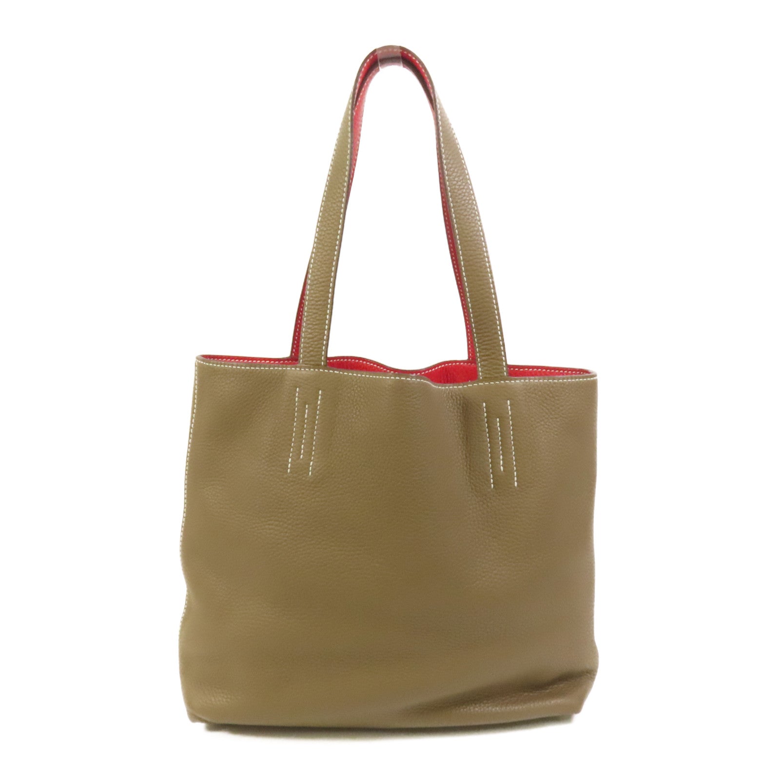 HERMES Clemence皮革Double Sens 35手挽袋 Etoupe/Rouge Tomato