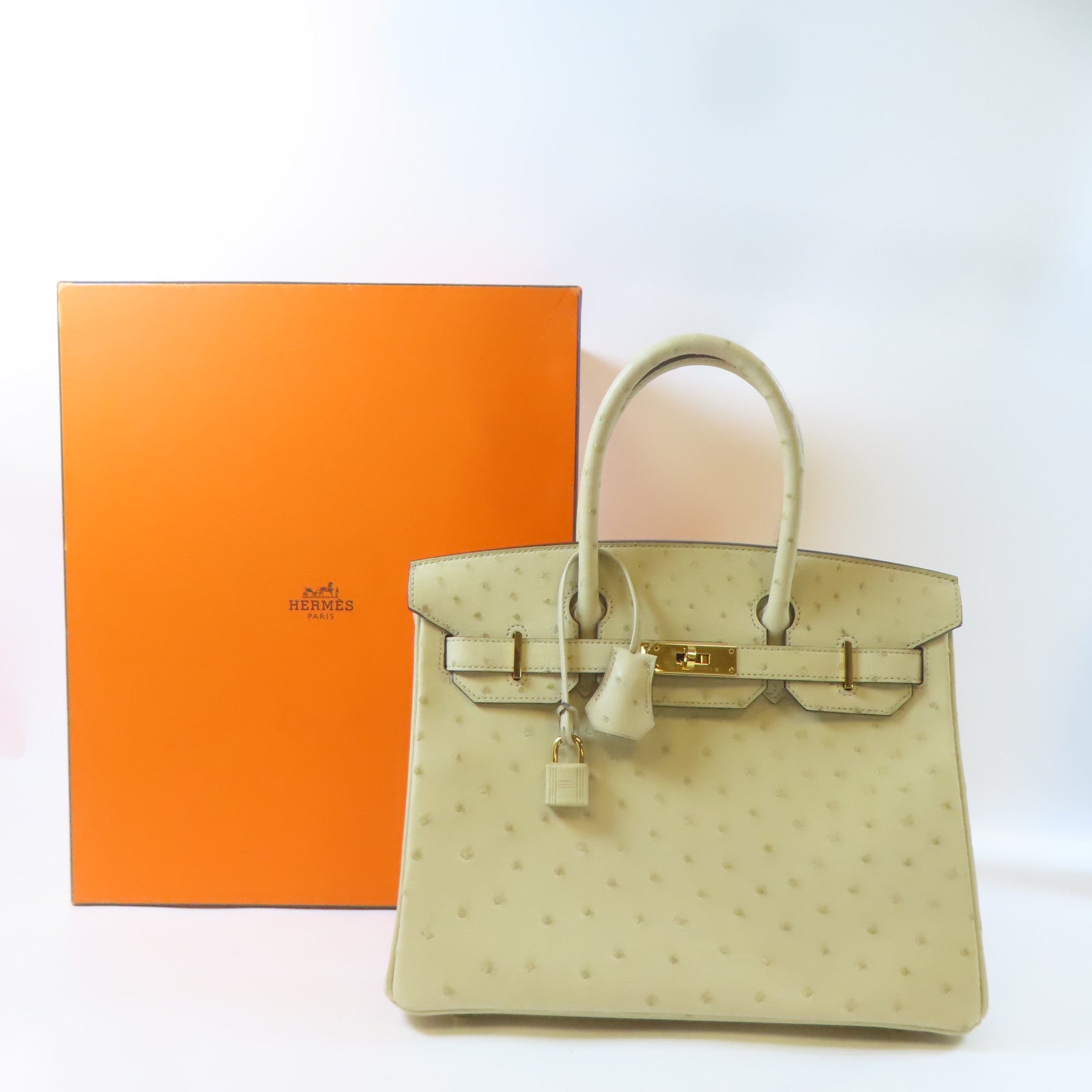 HERMES 鴕鳥皮革Birkin 30金扣手挽袋Parchemin/米色